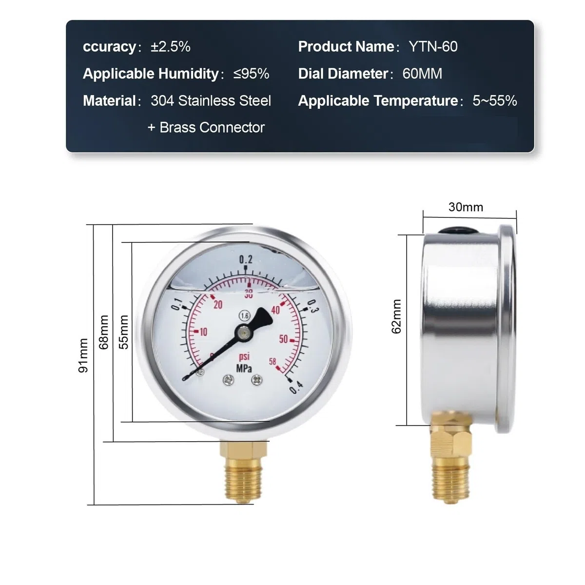 Präzises digitales Manometer, hydraulisches Manometer YTN60 aus Edelstahl mit Doppelskala, PSI, Vakuum, Öl, Wasser(0-60Mpa)
