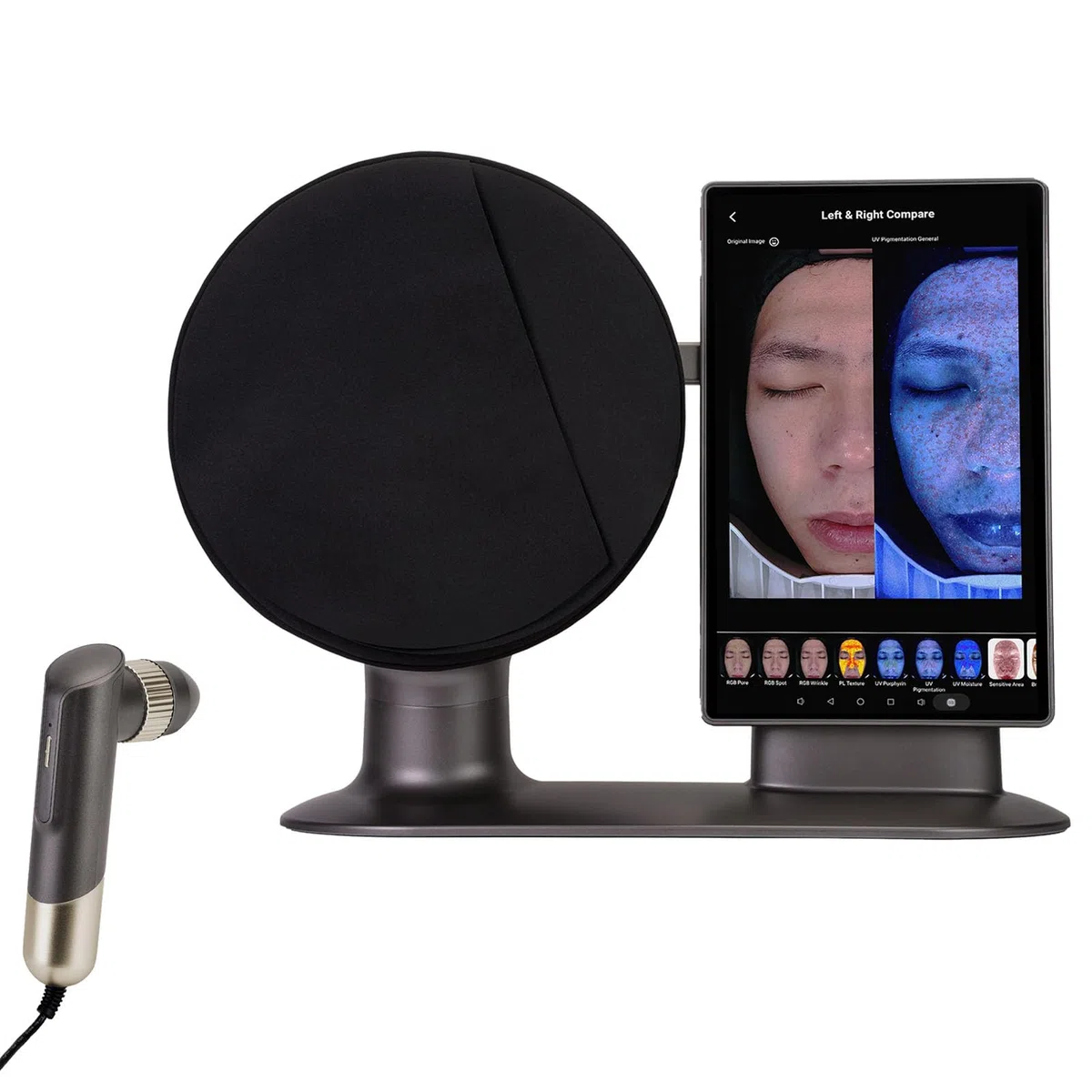 Gesichtsanalyse-Instrument | AI Smart Gesichtshaut Analysegerät | 10 Spektrumanalyse | 20 Megapixel | inklusive Gegenlichtblende | 18 Testartikel | Hautsymptomvorhersage