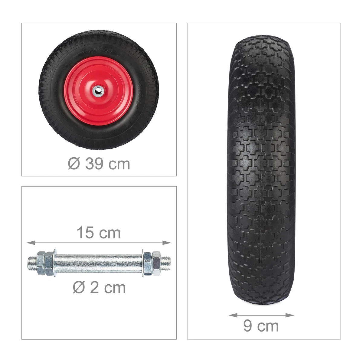 Relaxdays Schubkarrenrad 4.00-8, Vollgummi mit Achse, Ersatzrad Schubkarre, pannensicher, Traglast 100 kg, schwarz/rot