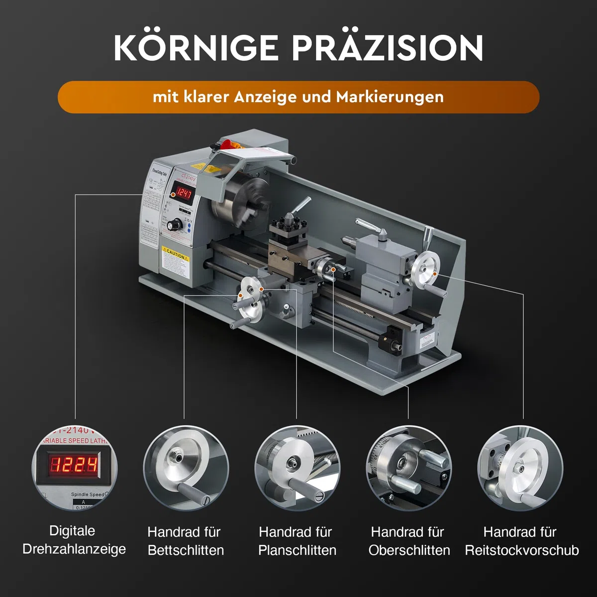CREWORKS Drehmaschine 750W Metalldrehmaschine 8 x 16 Zoll Tischdrehmaschine 210 x 400MM Drehbank Metall 2500 RPM Mini Drehmaschine für Metallbearbeitung Metal Lathe (8 x 16 Zoll)