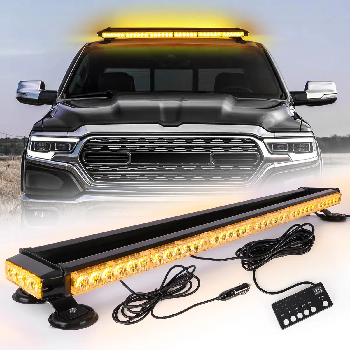 95cm 80LED Rundumleuchte - 12/24V Amber Warnleuchte Blinklicht, 16 Modi Wiederherstellungswarnung gelbes Magnet Notfallblinklampe für Truck Traktor Emergency KFZ LKW (Gelb)