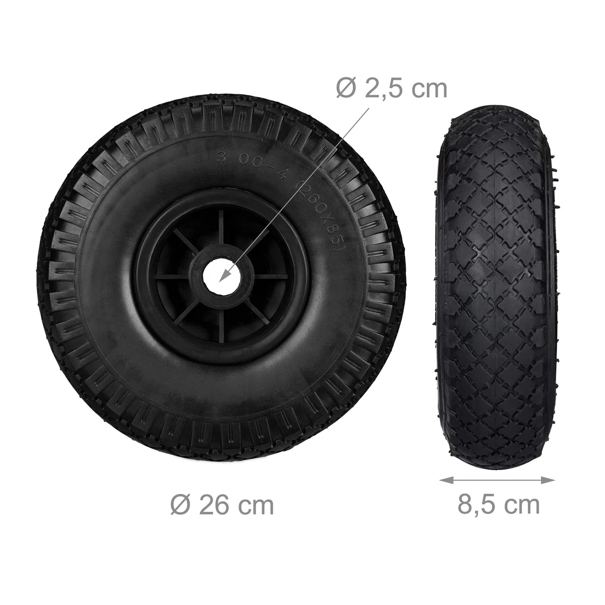 Relaxdays Sackkarrenrad 2er Set, pannensichere 3.00-4" Vollgummireifen, 25mm Achse, bis 80 kg, 260x85mm, versch. Farben | pannensichere 3.00-4" Vollgummireifen, 25mm Achse, bis 80 kg, 260x85 mm