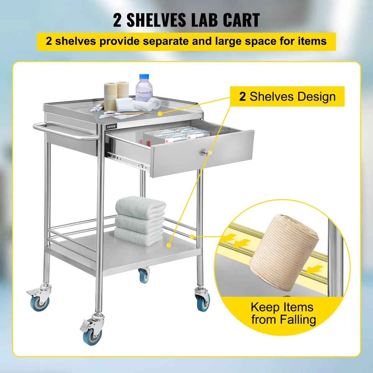 VEVOR 2 Böden mit 1 Schublade Servierwagen Edelstahl Serving Lab Trolley Laborwagen Tragbar Abräumwagen Medical Dental Lab Cart Transpo1 Schublade, Mittel