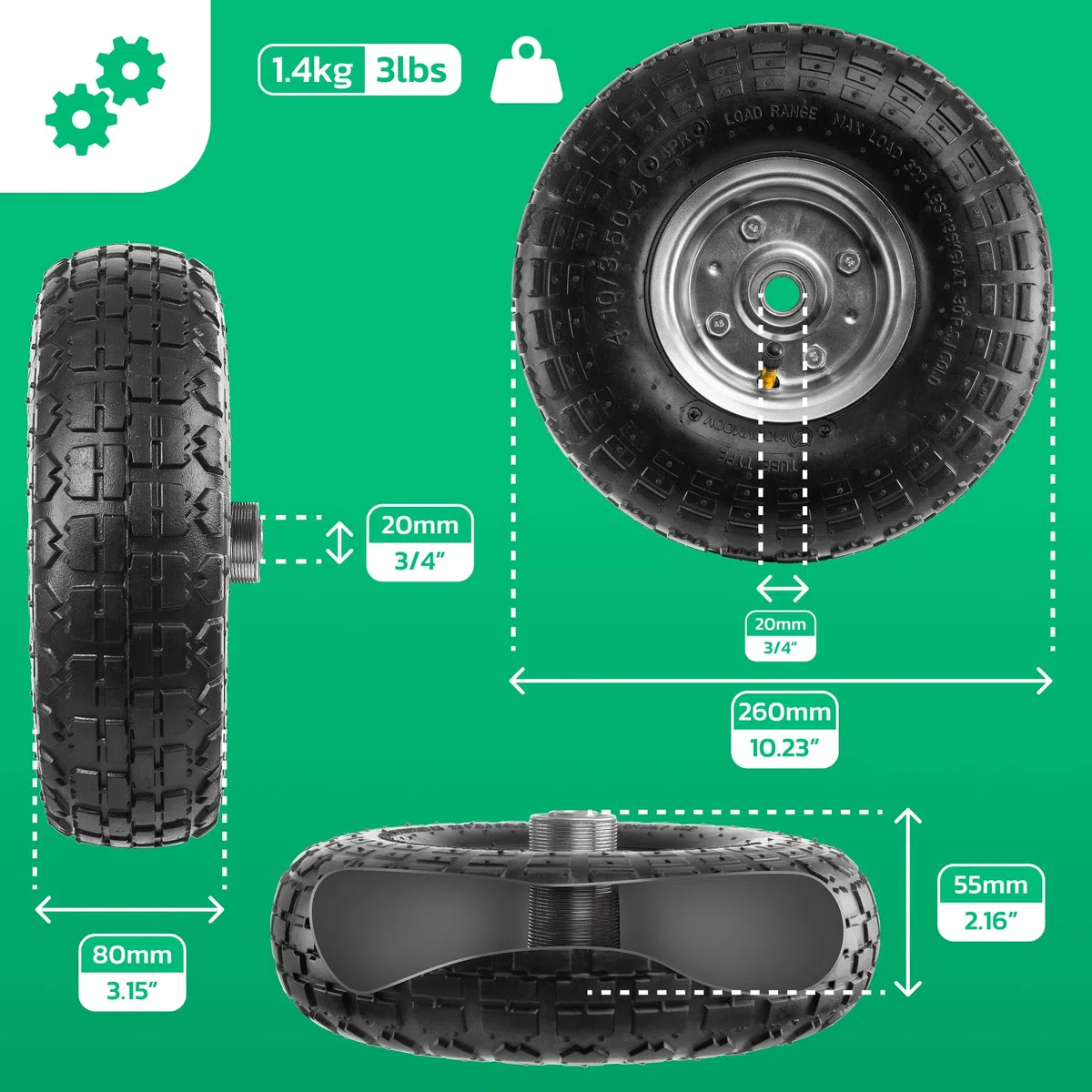 Aufblasbares Rad 4,10/3,50-4 (x2) Nabe 55 mm und Bohrung 20 mm – für Sackkarre, Wagen, Schubkarre usw. Komplettrad: Reifen + Schlauch mit gebogenem Ventil + Stahlfelge. MOOVMOOV