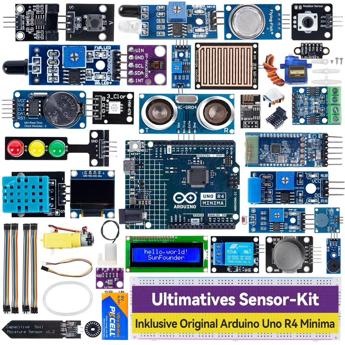 SUNFOUNDER Ultimate Sensor Kit with Original Arduino UNO R4 Minima, Smart IoT & Basic Sensor Projects with Online Tutorials, Suitable for Age 8+ Beginners (Original Arduino UNO R4 Minima Included)