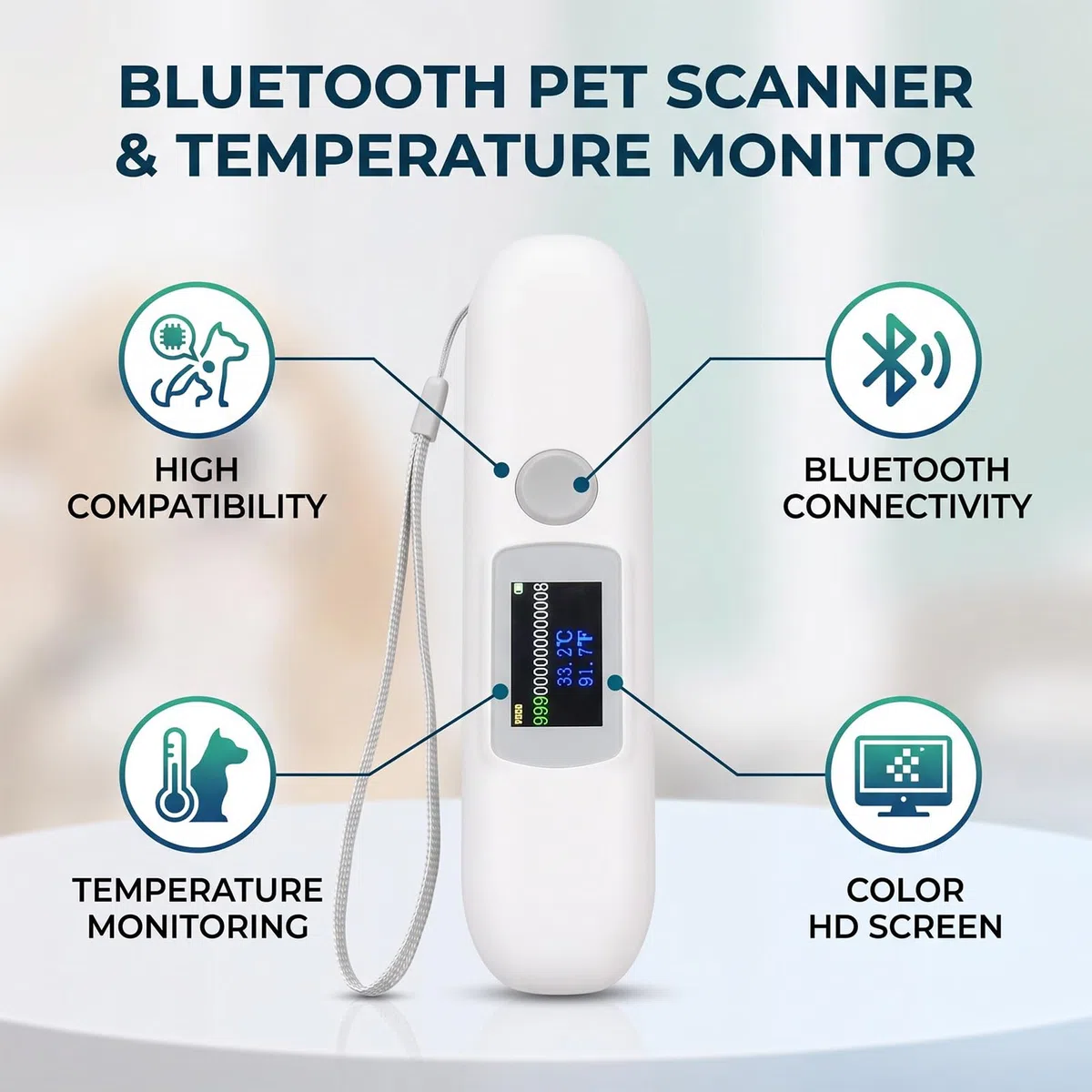 PET-Mikrochip-Scanner, Animal-Tag-Leser mit 1,14 "Farbbildschirm und Temperaturüberwachung, FDX-B für Haustiere kompatibel