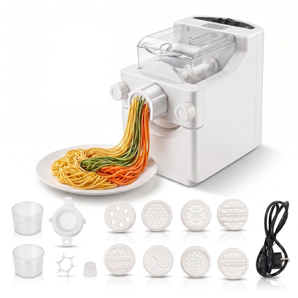 Elektrische Nudelmaschine Vollautomatische 260W mit 9 Aufsätzen, Automatische Nudelmaschine für Nudeln, Pasta, Teigtaschen, bis zu 500g Mehl, 3-Minuten Knetvorgang