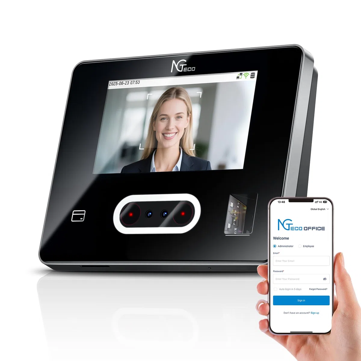NGTeco Stechuhr Cloud-basiert mit Touchscreen, 4-in-1 Zeiterfassung für Kleinunternehmen, Gesicht/Fingerabdruck/Karte/PIN, 2,4&5 GHz WLAN, Software & App, 10 Chipkarten