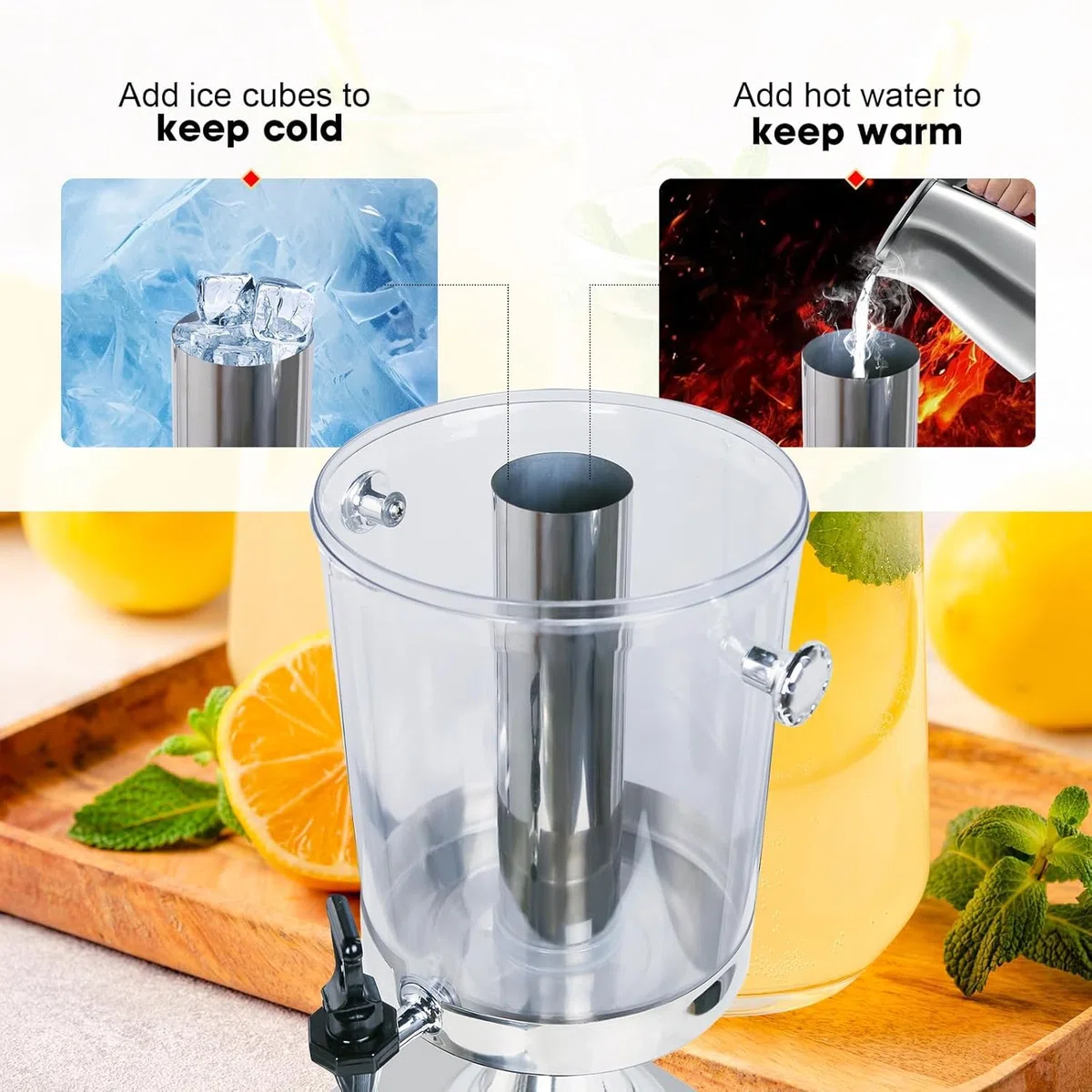 Kommerzieller Getränkespender aus Edelstahl mit Zapfhahn und Nassbehälter, ideal für Saft, Punsch, Servieren auf Partys, Hochzeiten, Hotelbuffets