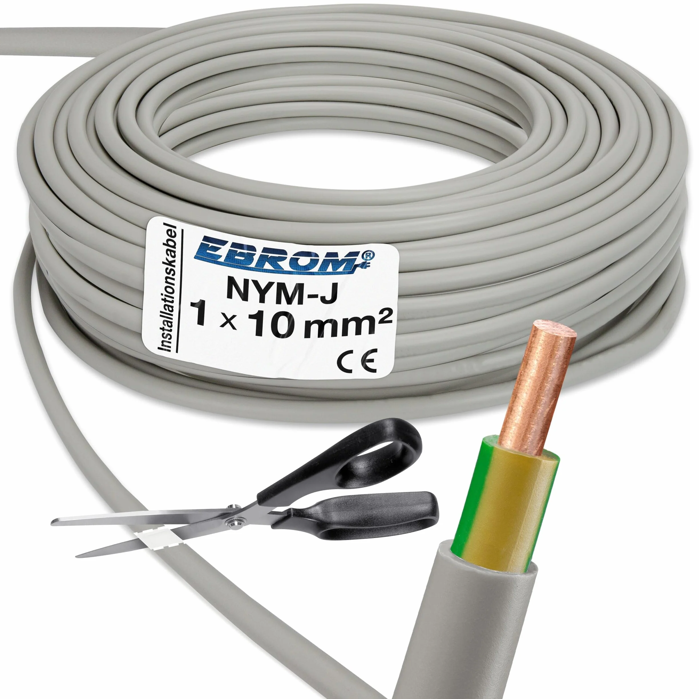 EBROM NYM-J 1x10 mm² Mantelleitung, Erdungskabel in grau 10 mm2: 10 Meter | Ab 5 m bis 150 m - Erdungsleitung Installationsleitung Feuchtraumkabel für die feste Verlegung in trockenen + feuchten Räumen
