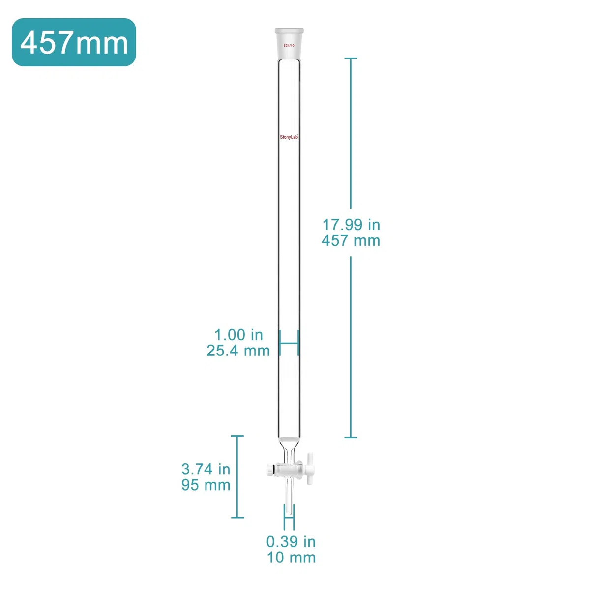 stonylab Chromatographiesäule, Innendurchmesser 25,4 mm, Effektive Länge 457 mm, G2 Sandstopfen, Standardkonus 24/40, Borosilikatglas, für hochpräzise Flüssigtrennung und Laboranwendungen