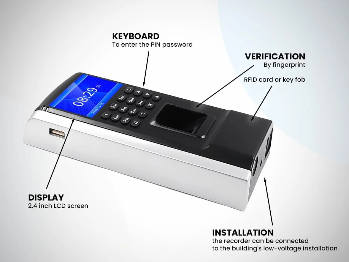 HDWR CTR12 Zeiterfassung, Stechuhr mit Fingerabdruck und RFID-Karte | Terminal für Kleinbetriebe, 125-kHz-Kartensystem, Passwort, Zeitplanung, Betrieb ohne Abo und Software