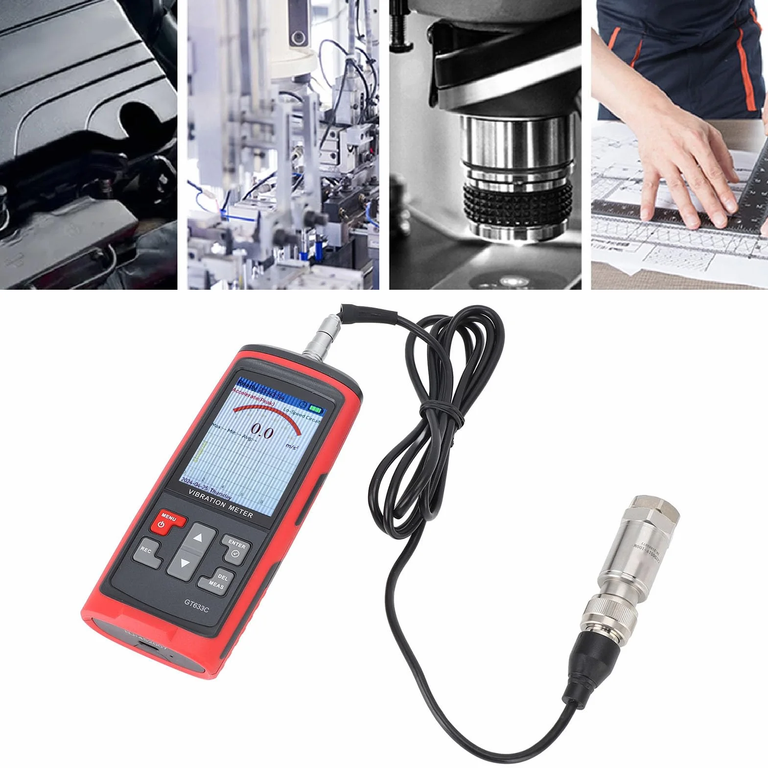 Schwingungsmessgerät, LCD-Farbdisplay Digitaler Schwingungsanalysator, Beschleunigung, Geschwindigkeit, Abstand, Frequenz, Temperatur, Prüfmodi Handheld-Vibrationsmessgerät