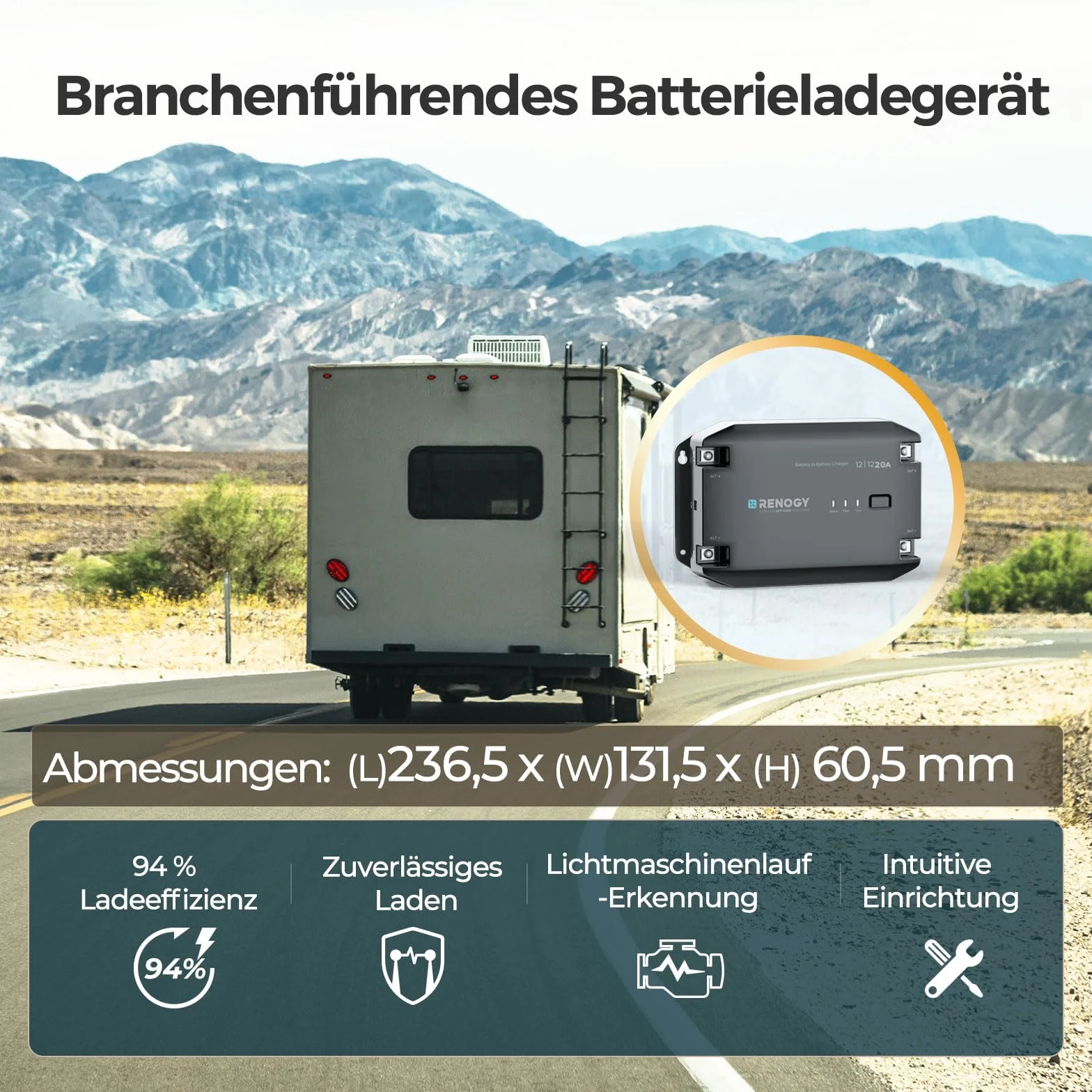 Renogy DC zu DC Batterie Ladegerät 12V 20A, Intelligent DCDC Batterieladegerät Laderegler Solar mit BT-2 Bluetooth Module