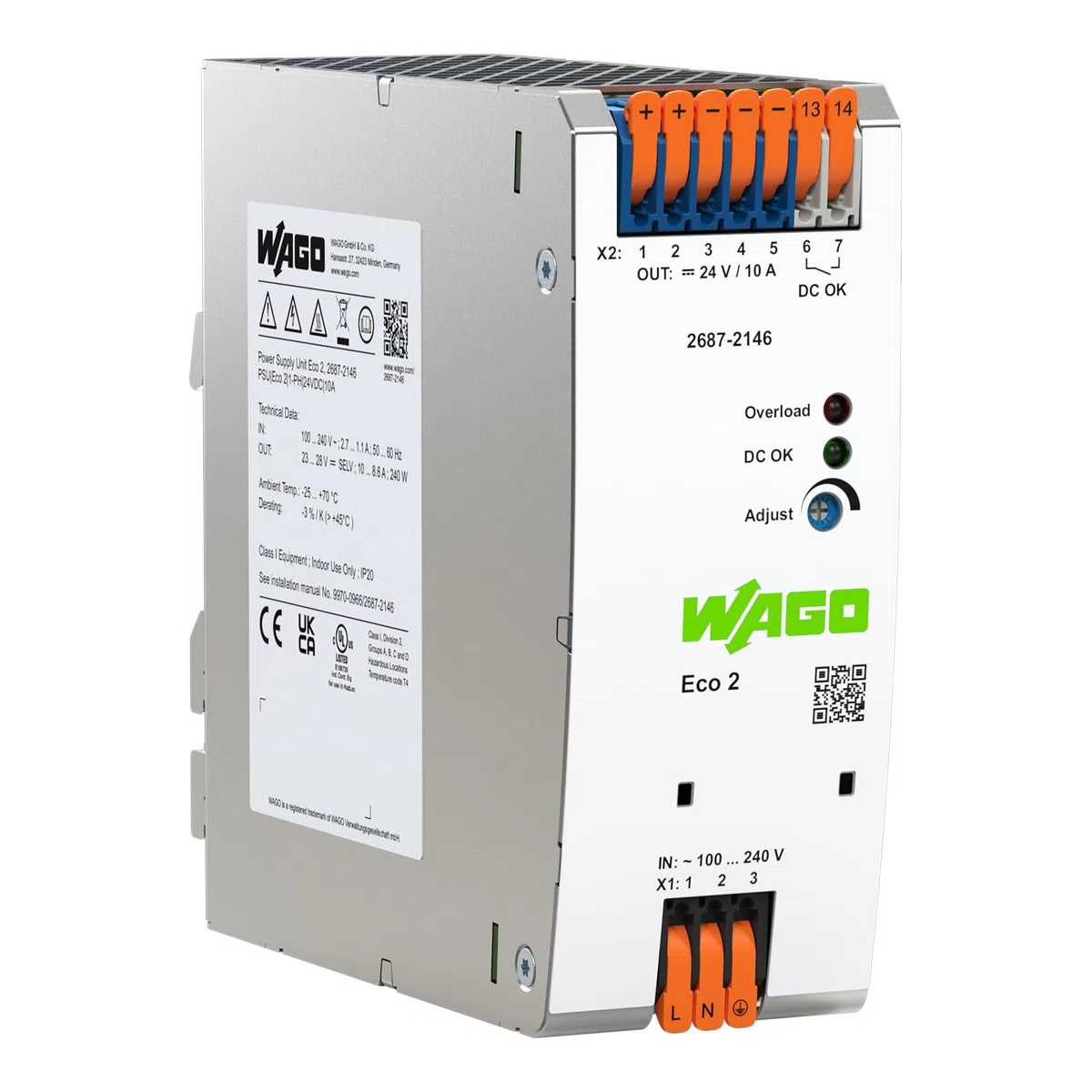 WAGO Compact Stromversorgung ECO 2687-2146 | 1-phasig, Power supply, Hutschienen-Netzteil (DIN-Rail), DC 24 V, 10 A, DC-OK-Kontakt