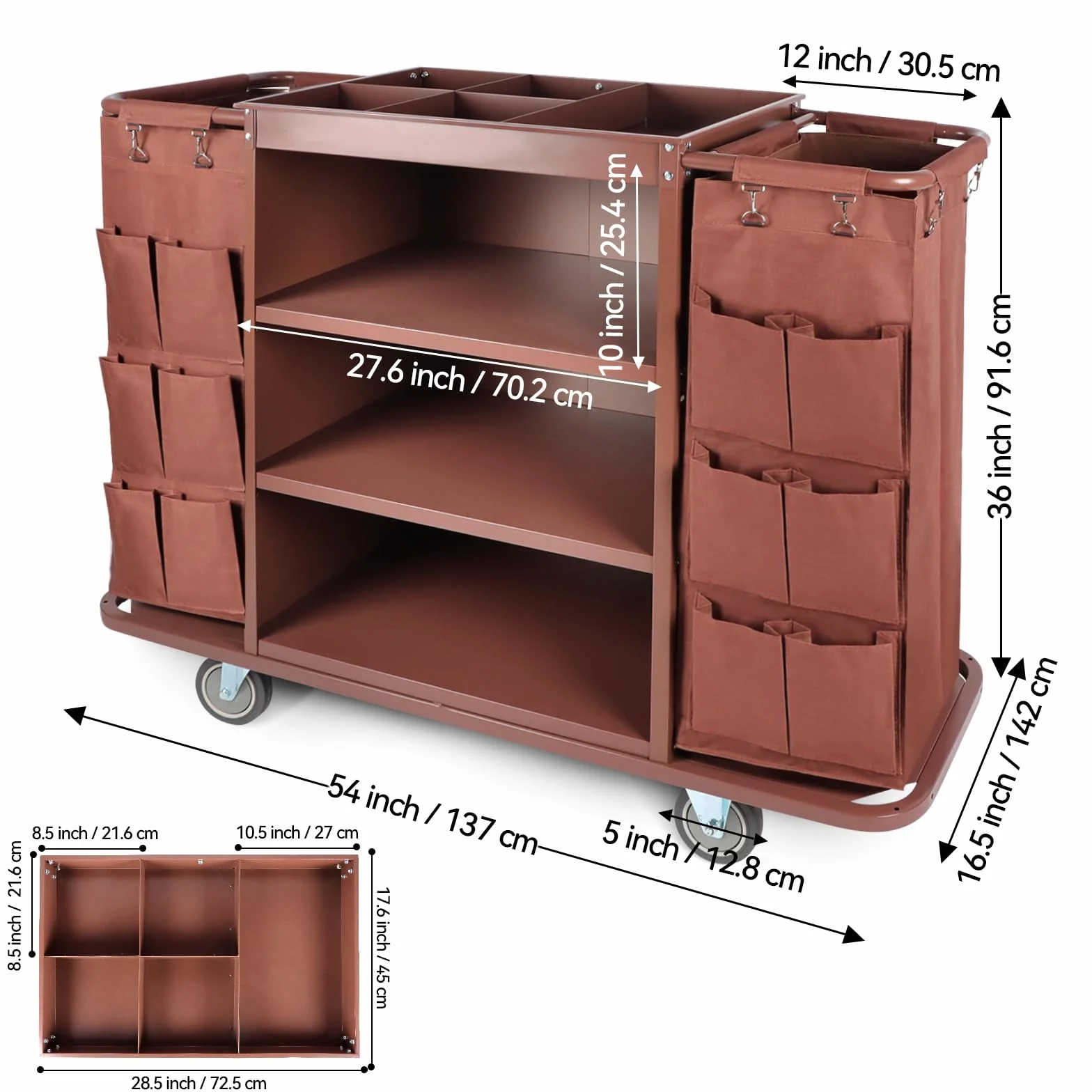 EBANKU Multifunktionaler Hotelwagen, Gewerblicher Reinigungswagen & Housekeeping-Trolley mit Großraumtasche und Rädern
