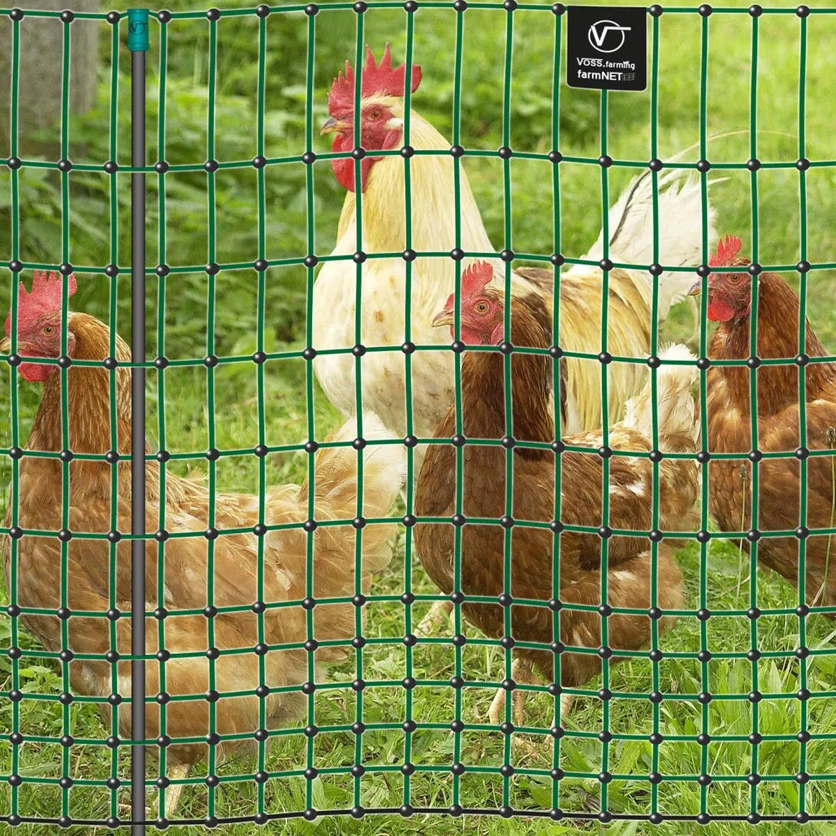 VOSS.farming farmNET 50m Hühnerzaun, Geflügelnetz, 112cm, 16 Pfähle, 2 Spitzen, grün, ohne Strom, Hühnernetz, Hundenetz, Katzennetz