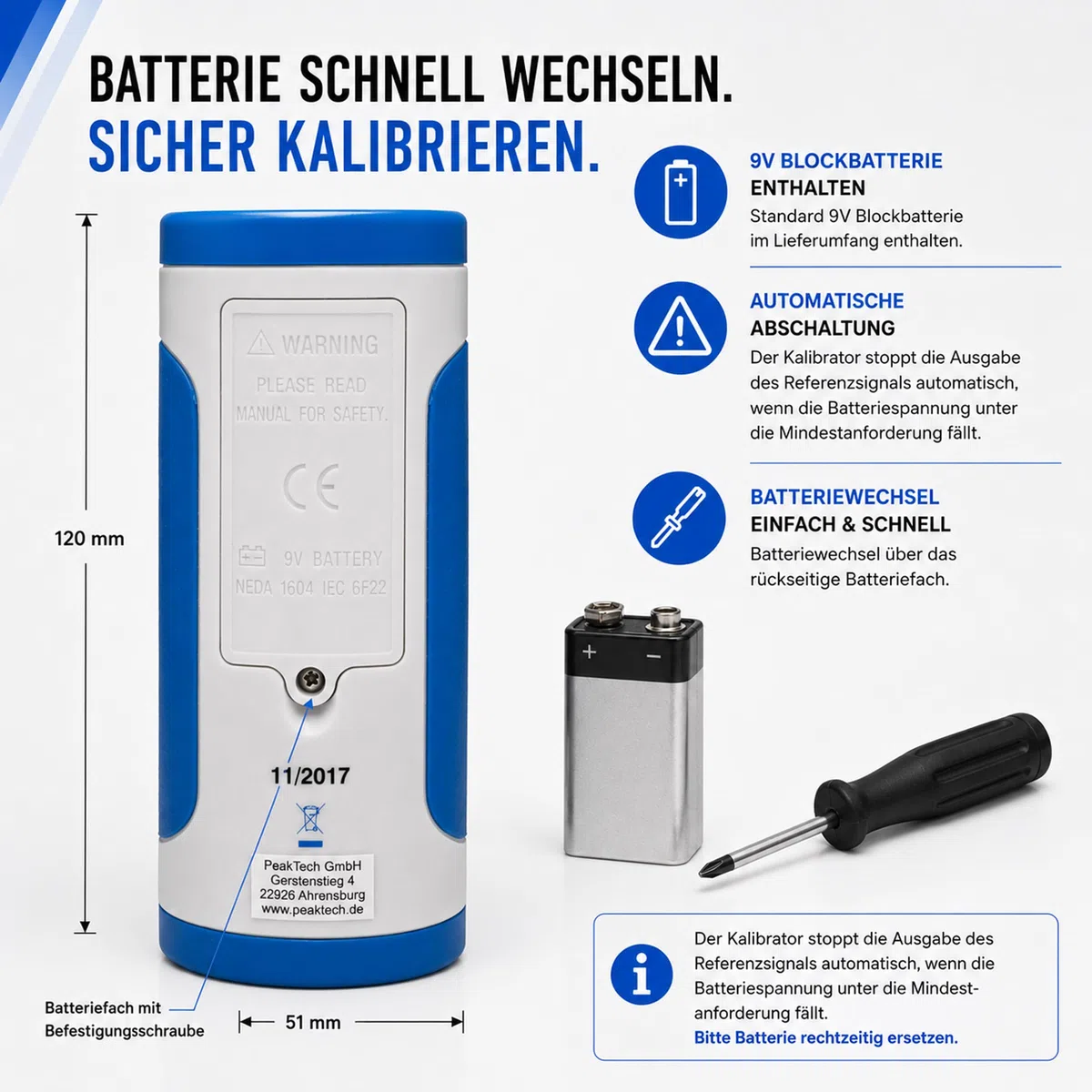 PeakTech P 8010 Schallpegelkalibrator – Präziser Decibel-Meter Kalibrator für Schallpegelmessgeräte, Klasse 2, 94 dB/114 dB, Hohe Genauigkeit für Geräuschpegelmessung und dB-Messgerät