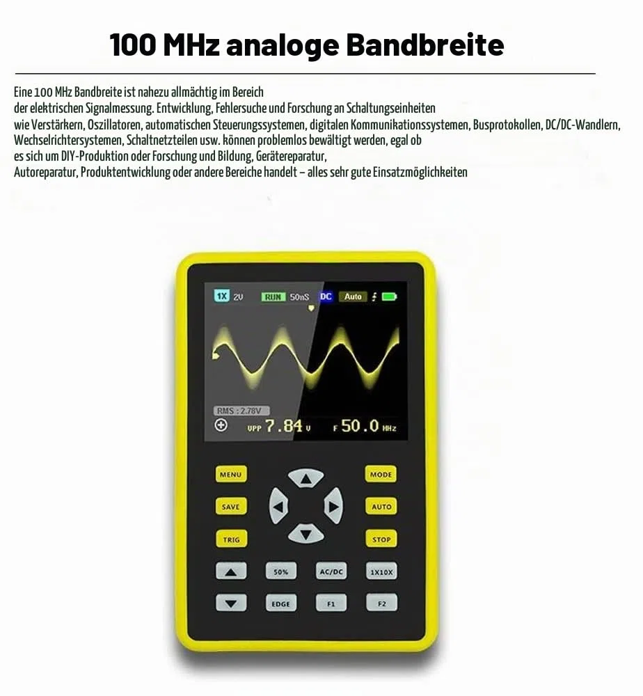 digitales Mini-Oszilloskop 2,4 "LCD-Bildschirm, tragbar, mit 100 MHz Bandbreite und 500 MS/s Abtastrate
