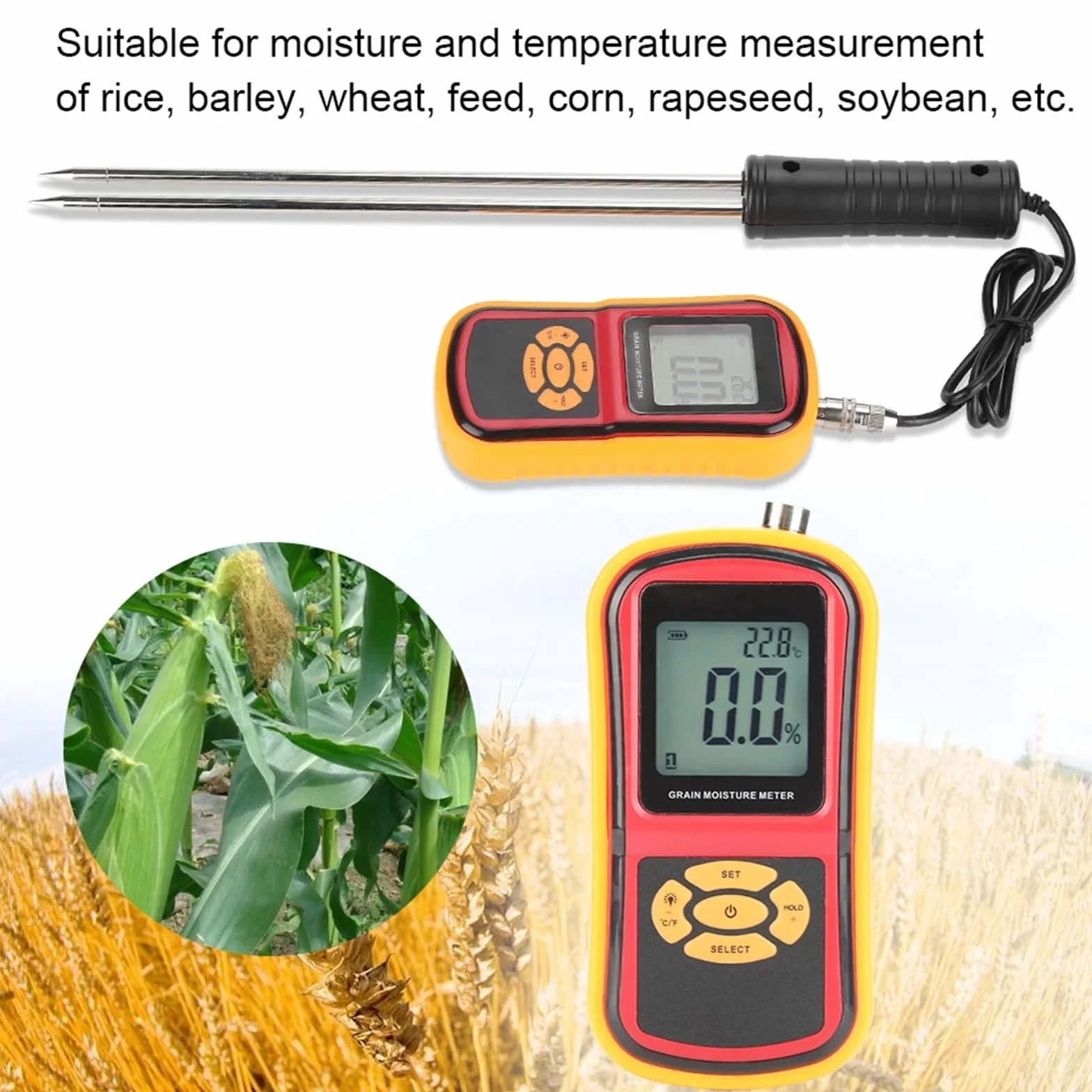 Feuchtigkeitsmessgerät, Tragbares digitales LCD-Feuchtigkeits- und Temperaturmessgerät for Getreide, Weizen, Reis, Mais Bohnen, LCD-Feuchtigkeitsmessgerät, Feuchtigkeitsmessgerät