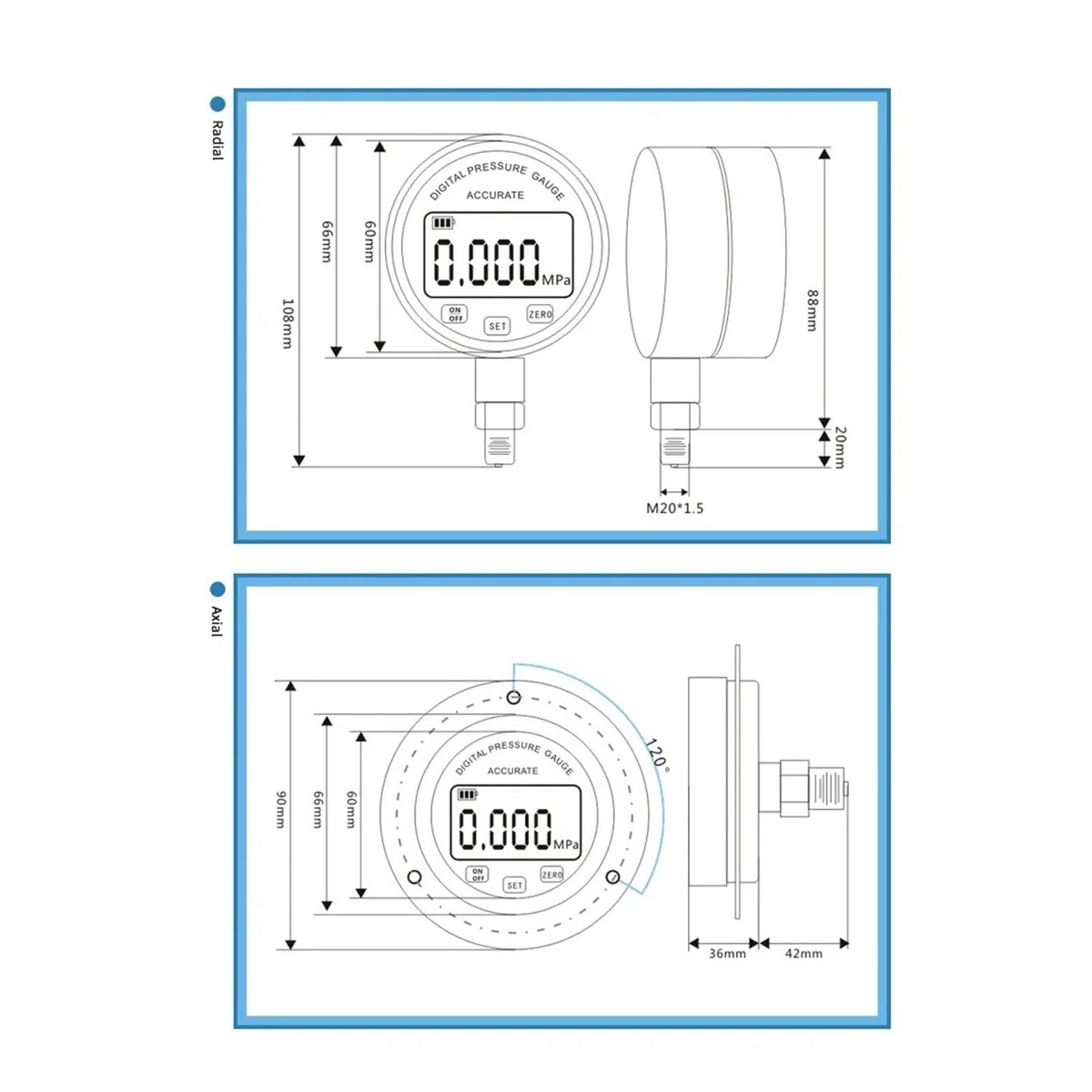 Digitales hydraulisches Manometer, M20 x 1,5 Wasser-Luft-Öl-Manometer, 60 mm, digitales Manometer(0-6Mpa,Axial M20-1.5)