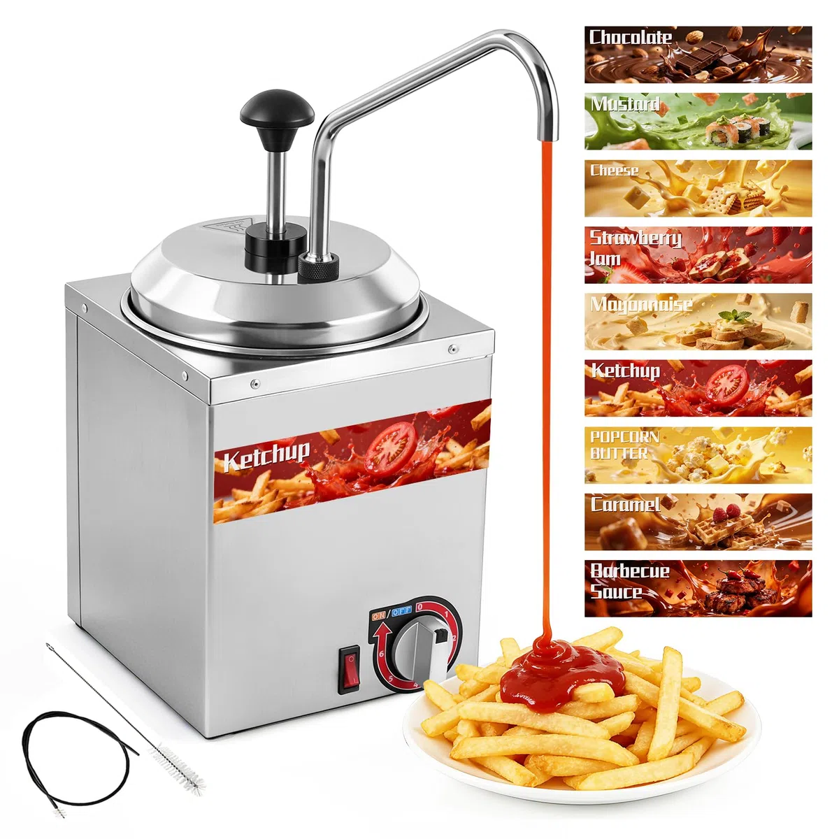 YJINGRUI Elektrischer Saucenspender, 2.5L/600W, 304 Edelstahl, 6 Temperaturstufen (30-85°C), 2 Bürsten, Commercial saucenwärmer mit spender für Ketchup, heiße Schokolade, Karamell