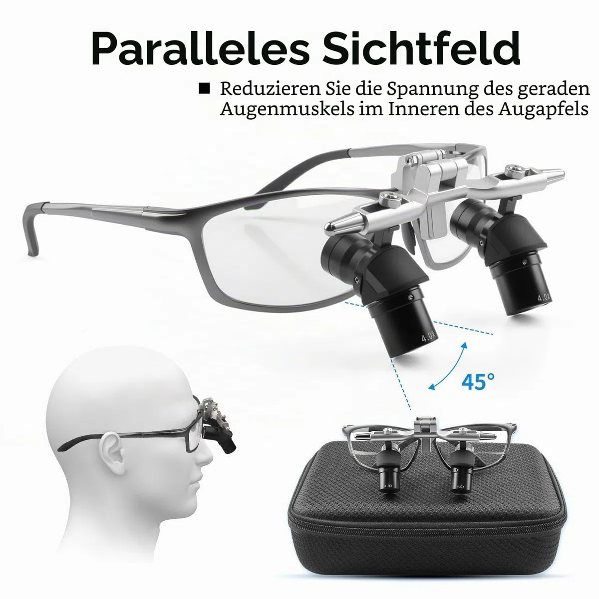 BONEW Orale hohe Vergrößerung, 4X/5X/6X, ultraleicht, ergonomisch, chirurgische Fernglaslupe, 45° Ergo-Lupe, chirurgische Lupe, Arbeitsabstand 350–450 mm, gebogene Linse, verstellbar (4,0-fach)