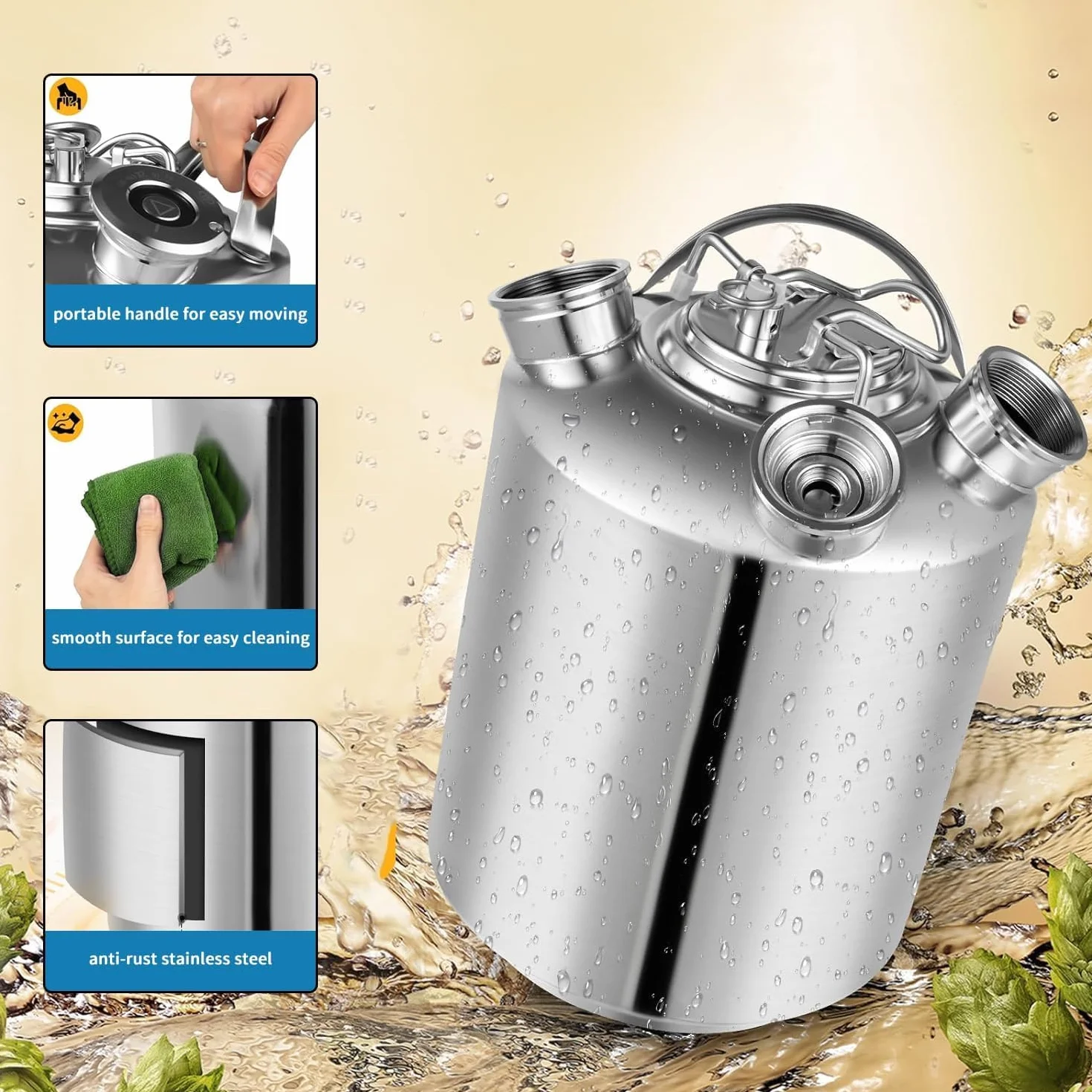 Bier Reinigungsfass Edelstahl, 10L Reinigungsbehälter Zapfanlage 3 Kopf ReinigungsbehäLter mit Deckel und Keg-Spießen A,G,S, Reinigungsgerät Bierreinigungsfass Effiziente Reinigung für Bierzapfanlage