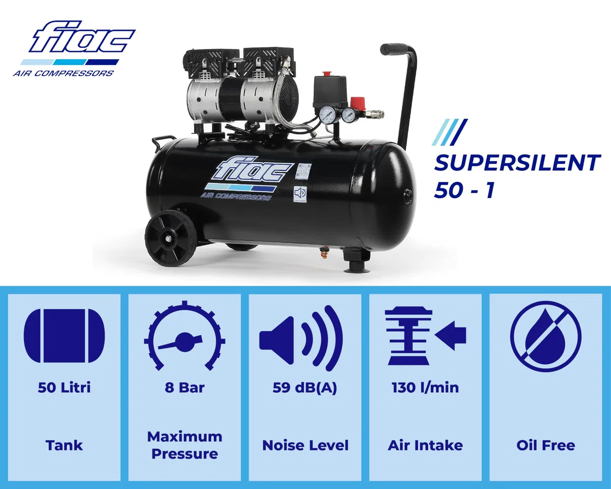 FIAC Leiser Mobiler Luftkompressor SUPERSILENT 50, Ölfrei, Maximaler Druck 8 Bar, 1 PS, 50-Liter-Tank, Geräuschpegel 58 dB LpA