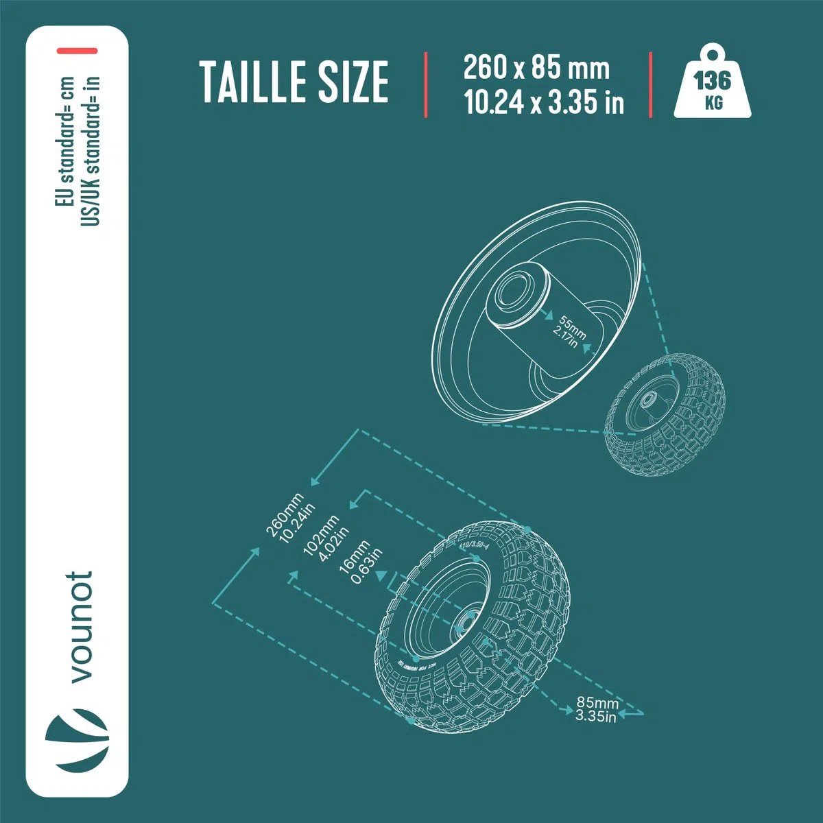 VOUNOT® 4 x Schubkarrenrad PU Vollgummireifen 3.50-4, Pannensichere Ersatzrad 260x85 mm, Kugellager, Innenloch Ø16 mm, für Schubkarre, Sackkarre und Bollerwagen, Gelb
