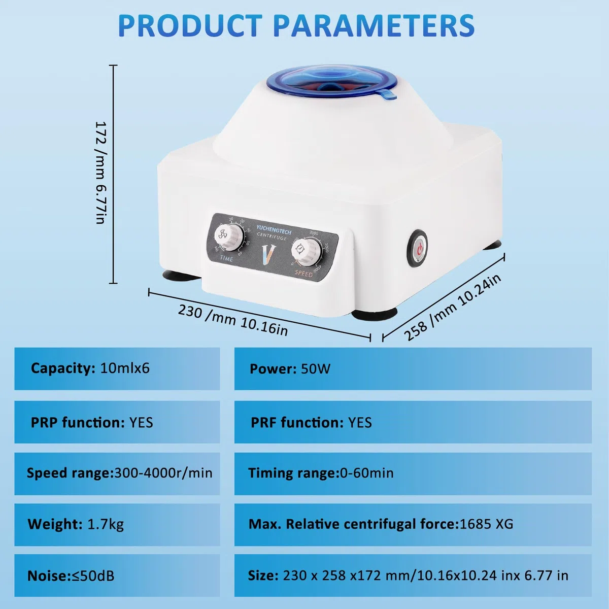 YUCHENGTECH Zentrifuge 6X10ml Labor Zentrifuge Elektrische Tischzentrifuge 4000 U/min 0-60 Min Timing 1685XG für 5/7/10ml Zentrifugenröhrchen,23x26x17cm 1.7kg,Einstellknopf, Geräuscharm