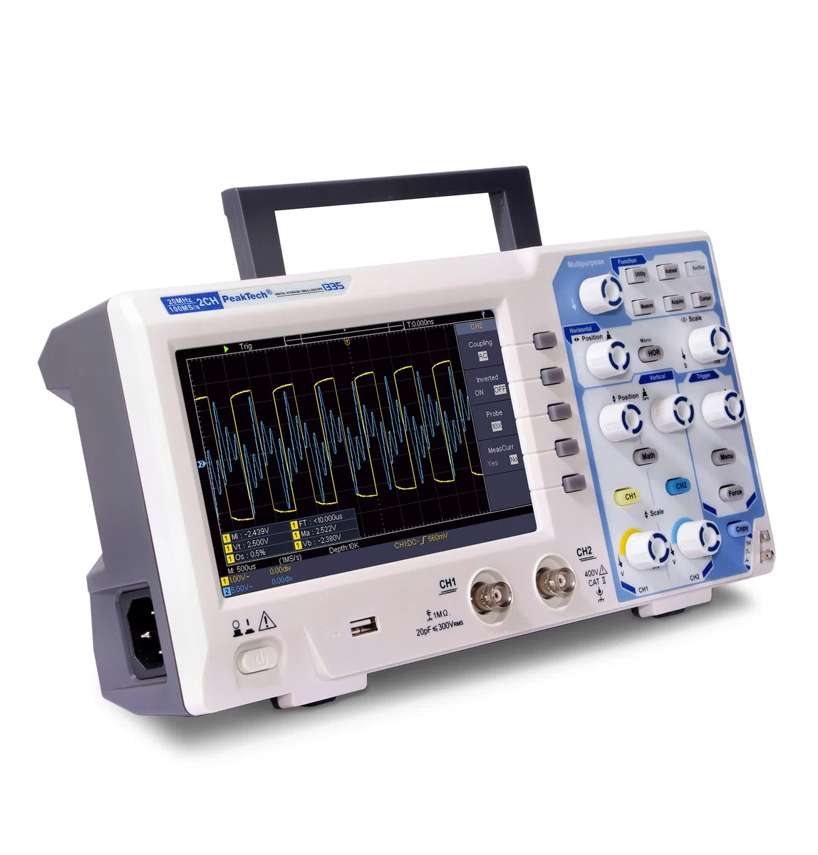 PeakTech P 1335 20 MHz 2-Kanal Digital-Speicher-Oszilloskop mit USB-Schnittstelle, 15 W, 240 V