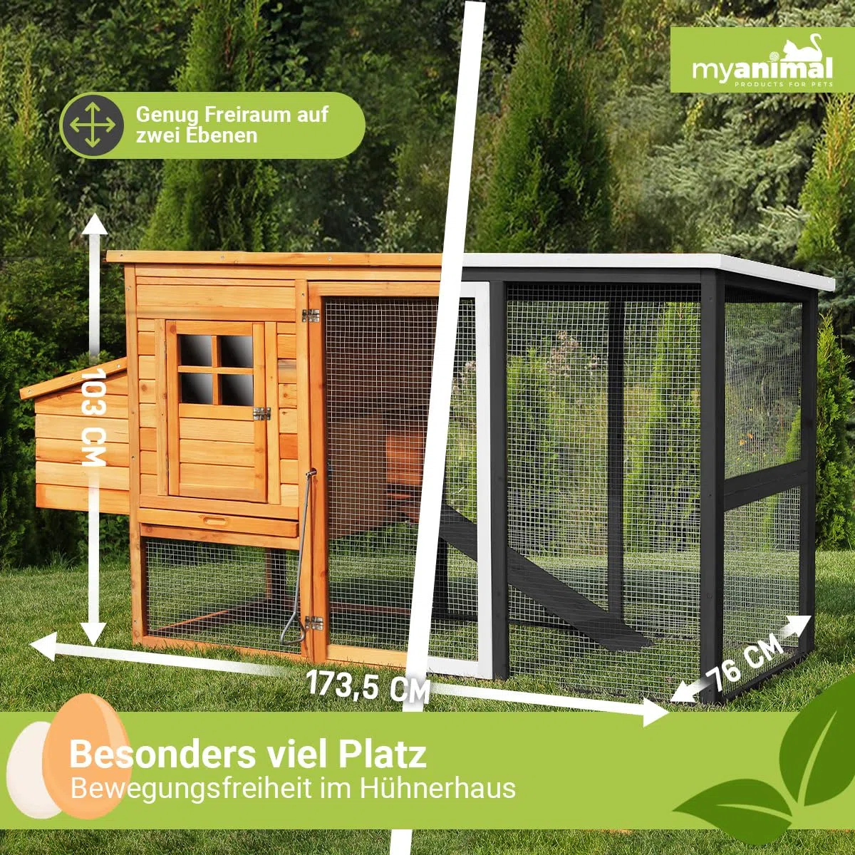Miweba MyAnimal Hühnerstall MH-04 | 174x76x103 cm - Für 4 Hühner mit Eiablage - Nistkasten - Kleintierkäfig Winterfest - Freilaufgehege - Käfig - Hühnerhaus - Vogelkäfig - Voliere (MH-04 Braun)
