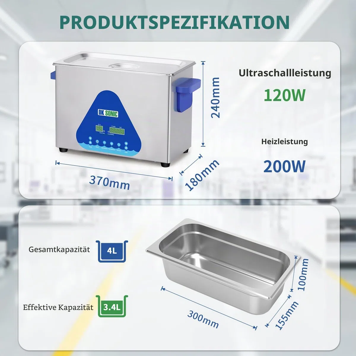 DK SONIC Ultraschallreiniger 4L, 120W Professioneller Ultraschallreinigungsgerät mit Heizung und Timer, Digitaler Steuerung und Korb, Mehrere Funktionen für Schmuck, Brillen, Ketten, Uhren