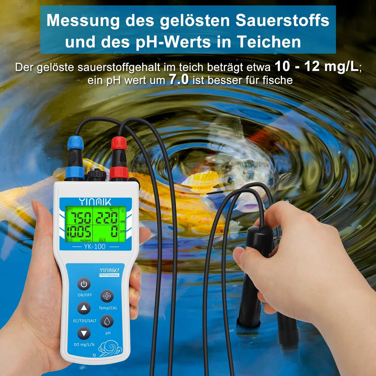 Tragbares Messgerät für gelösten Sauerstoff, intelligentes DO Messgerät mit Salzgehalt und Höhenkompensation, tragbarer 6-in-1-pH-DO-SALZ-EC-TDS-Tester für Koiteiche, Aquakultur-Umweltmonitor, wissen