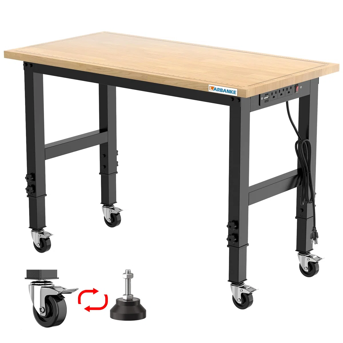 LARBANKE 120cm Werkbank aus Gummibaumholz für schwere Lasten mit Präzisionsskala, Belastbarkeit 910 kg,die Werkbank mit Rollen ist in 5 Stufen höhenverstellbar,Anwendbar in Vielen Situationen