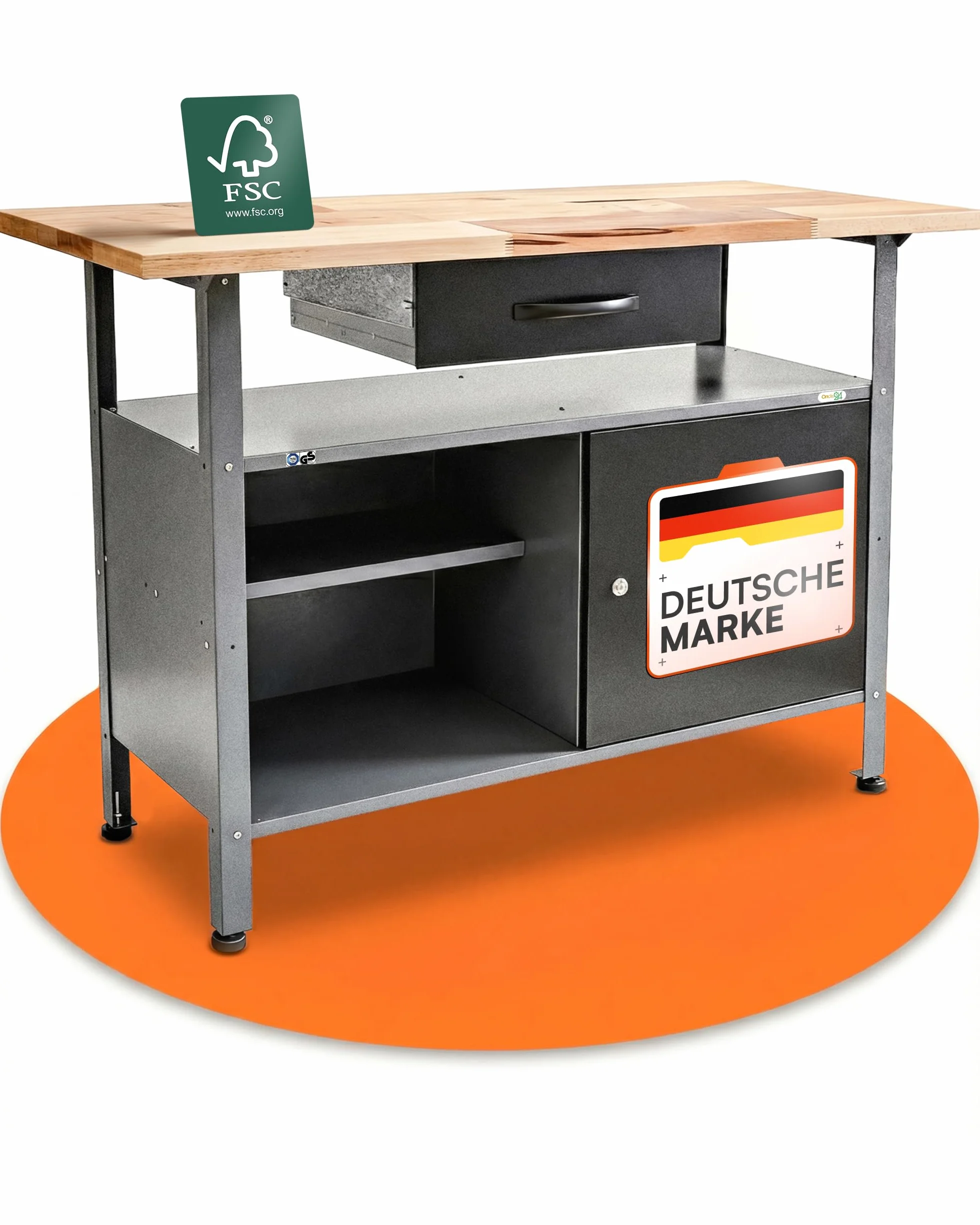 Ondis24 Montagewerkbank Werkbank Klaus 120 cm, Metall, abschließbarer Tür, höhenverstellbare Füße (Arbeitshöhe 85 cm, Schwarz Buchenplatte)