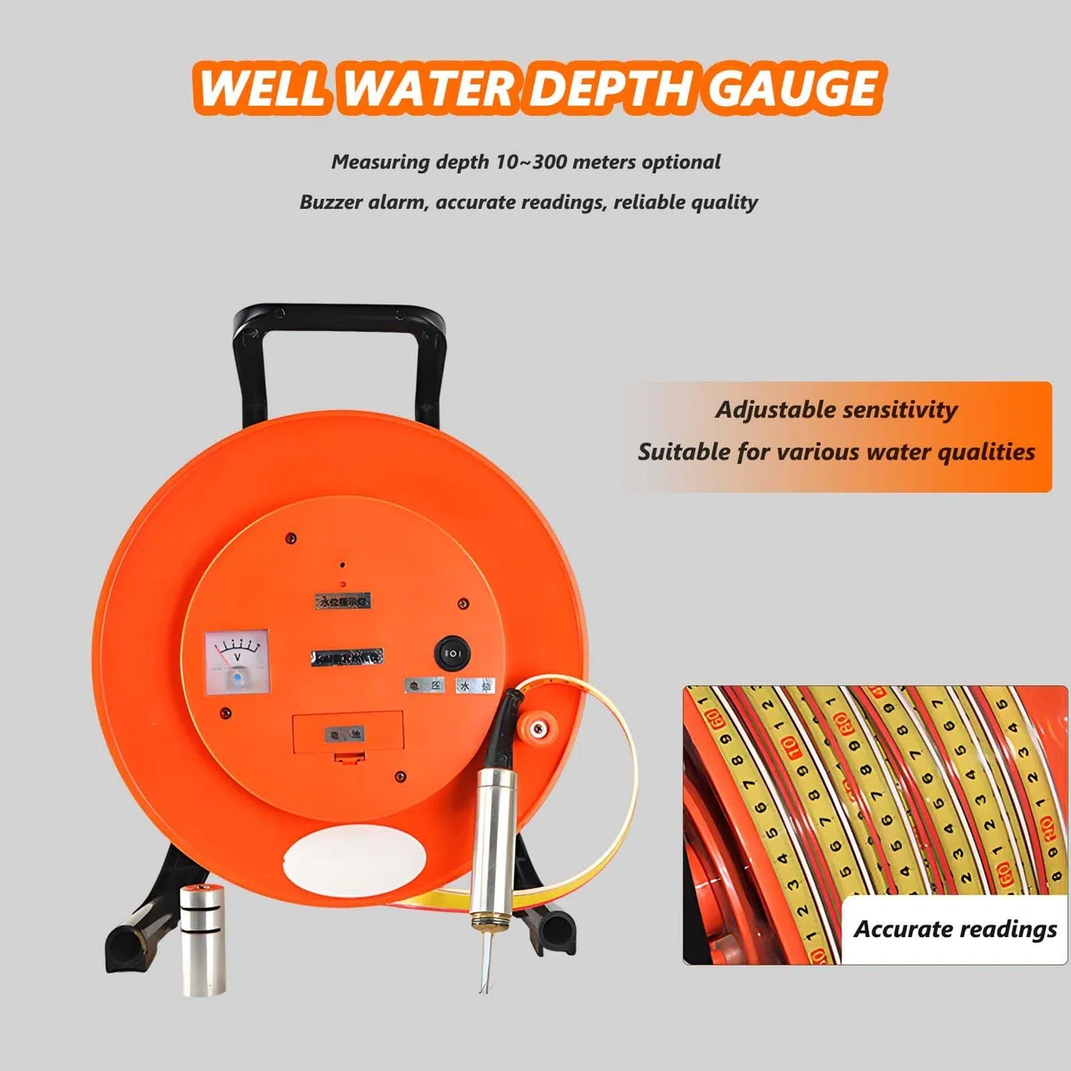 Wasserstandsmesser für Tiefenmesser, 10–300 m, Stahllineal, elektrischer Wasserstandsmesser mit Sonde und Stahlband, Grundwasserstandsmessgerät 20m(65.6ft)