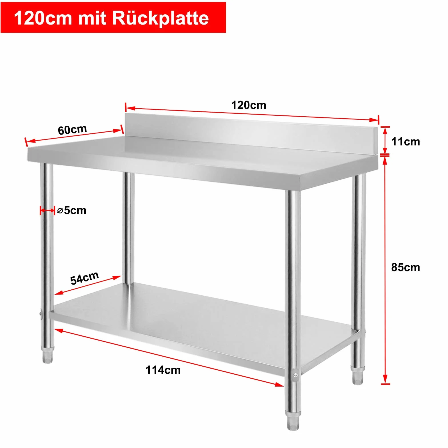 UISEBRT Edelstahl Arbeitstisch mit Aufkantung, Edelstahltisch Küchentisch mit Verstellbare Füße, Küche Tisch Zerlegetisch mit extra großer unteren Ablagefläche, 120 x 60 x 85 cm, mit Aufkantung
