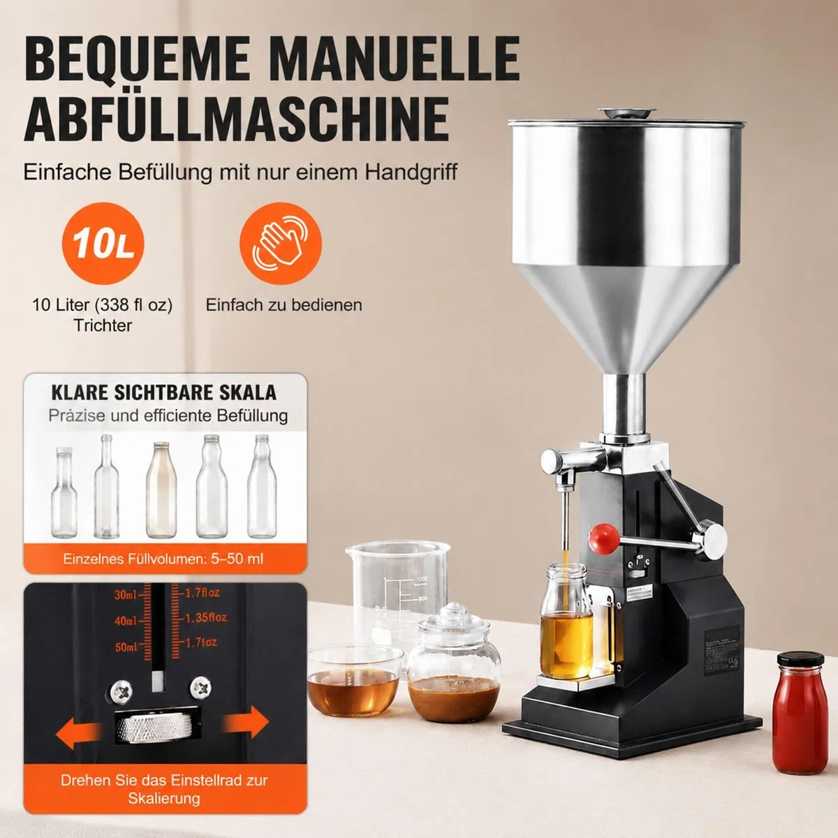 Manuelle Abfüllmaschine für Flüssigkeiten und Pasten, verstellbarer Flaschenfüller mit Trichter, Edelstahl, für Milch, Wasser, Saft, ätherisches Öl, Shampoo, Honig, Kosmetikcreme