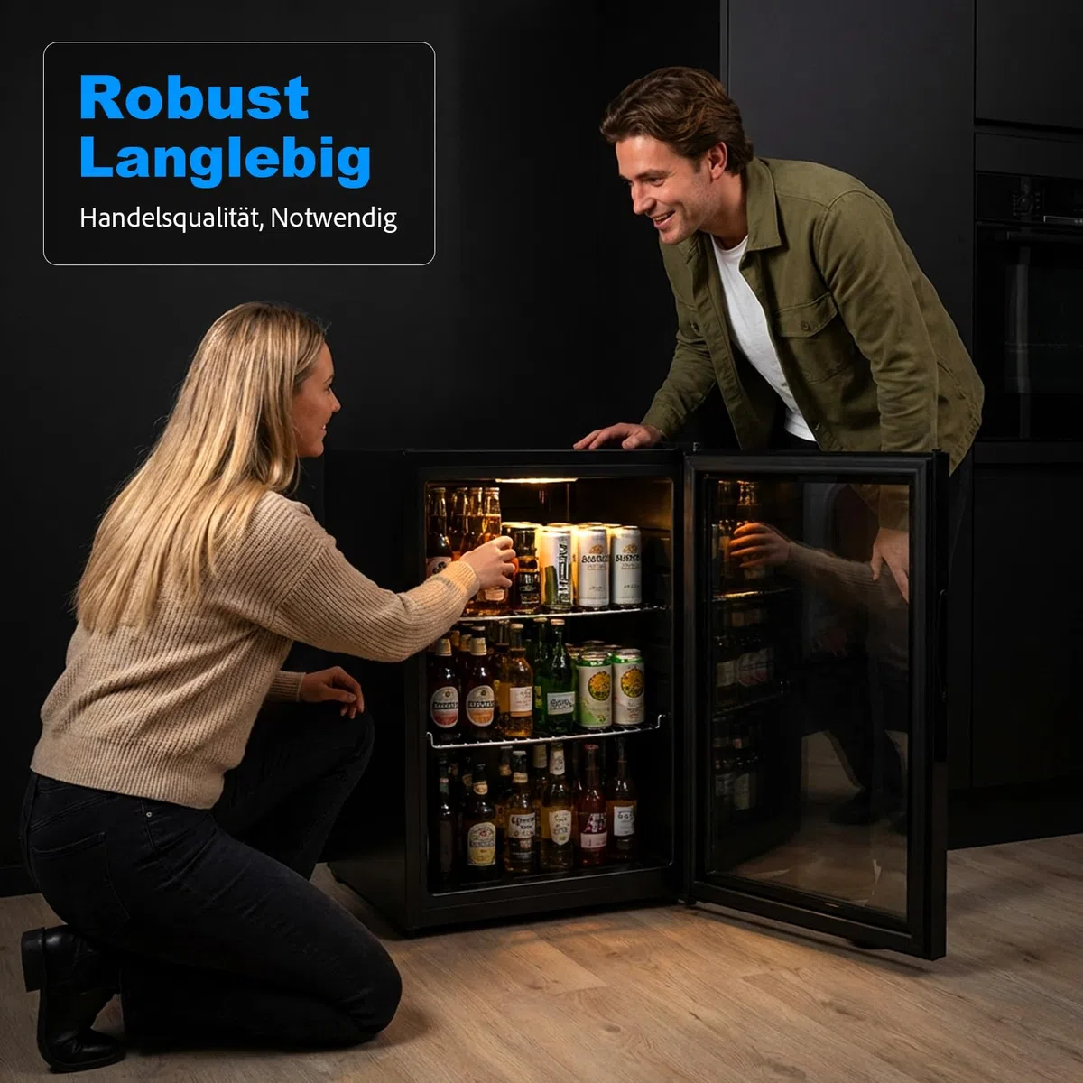 Mini Getränkekühlschrank 60L mit Glastür – Kompakter Kühlschrank mit verstellbaren Ablagen, leise Kompressor Kühlung, LED Beleuchtung für Bier, Wein, Zuhause, Büro [Energieklasse D]