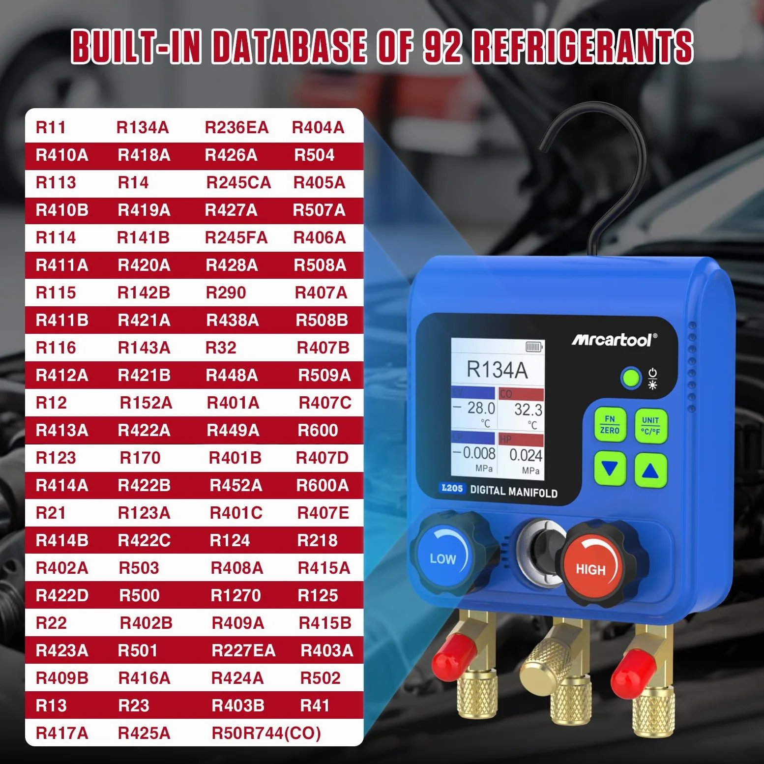 L205 Digitales Kältemittelmessgerät Vakuumpumpe Klimaanlage 92 Kältemittel Daten Manifold Gauge Set Druck-Temperatur-Lecktester für HVAC Kältetechnik R134A R32 R410
