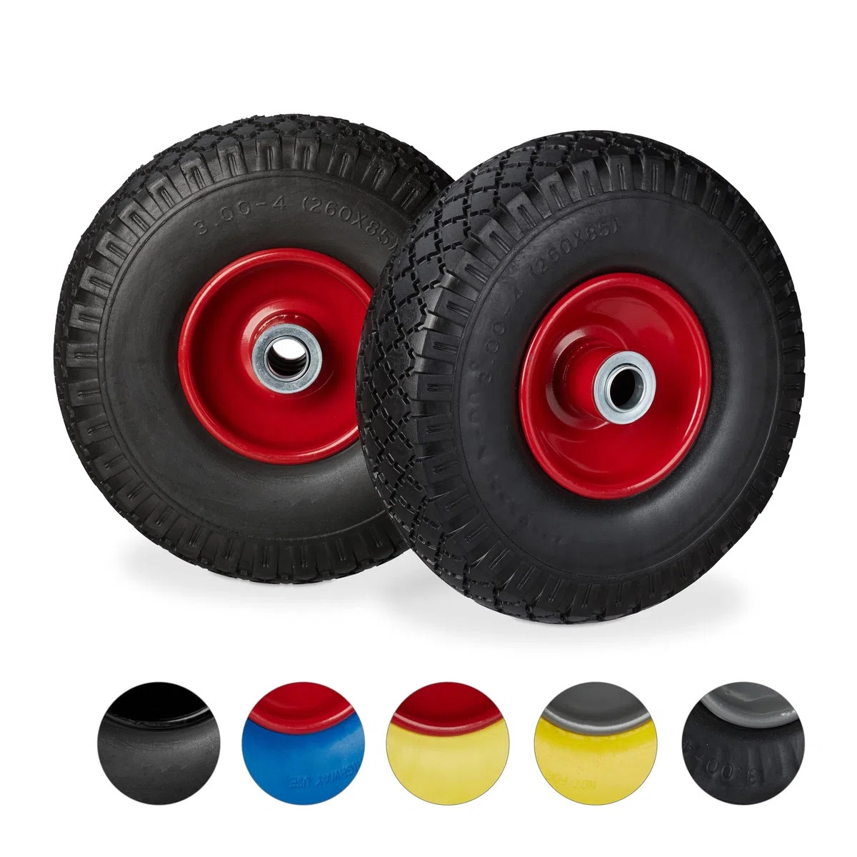 Relaxdays 2x Sackkarrenrad 2er Set, schwarz-rot | 3.00-4" Stahlfelge, 20mm Achse, 100kg, 260x85 mm