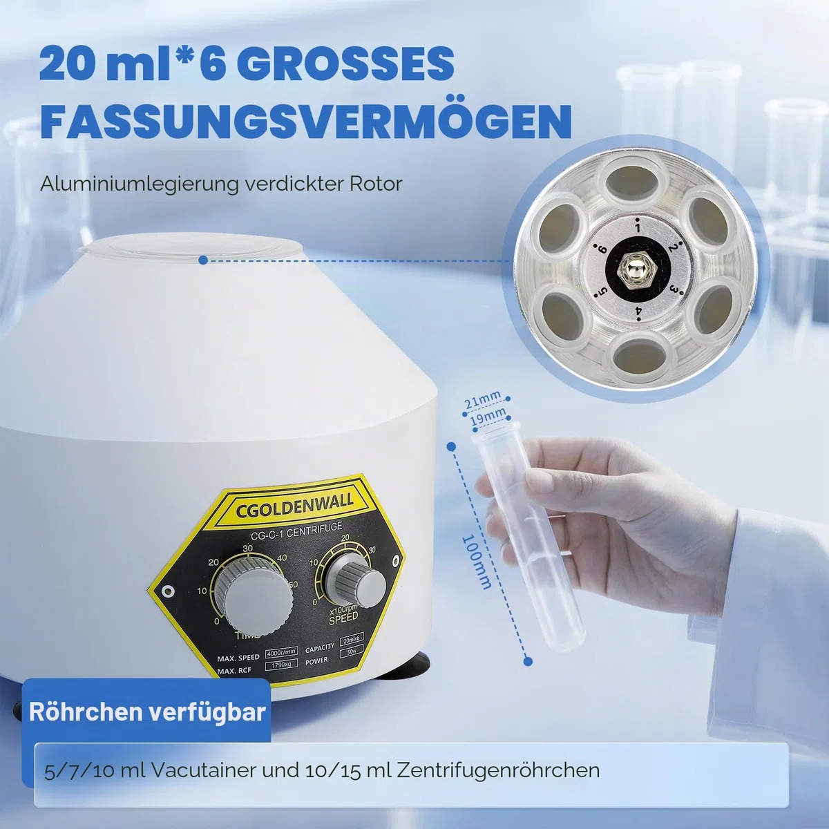 CGOLDENWALL Laborzentrifuge mit 6 * 20 ml Zentrifugenröhrchen &Transparentem Deckel, 4000 U/min Max. Geschwindigkeit, 0-60 Min. Timer, 1790 xg Max. RZK Geeignet für 5/7/10/15 ml Vacutainer Röhrchen