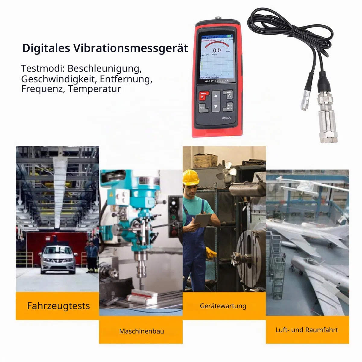Schwingungsmessgerät, LCD-Farbdisplay Digitaler Schwingungsanalysator, Beschleunigung, Geschwindigkeit, Abstand, Frequenz, Temperatur, Prüfmodi Handheld-Vibrationsmessgerät