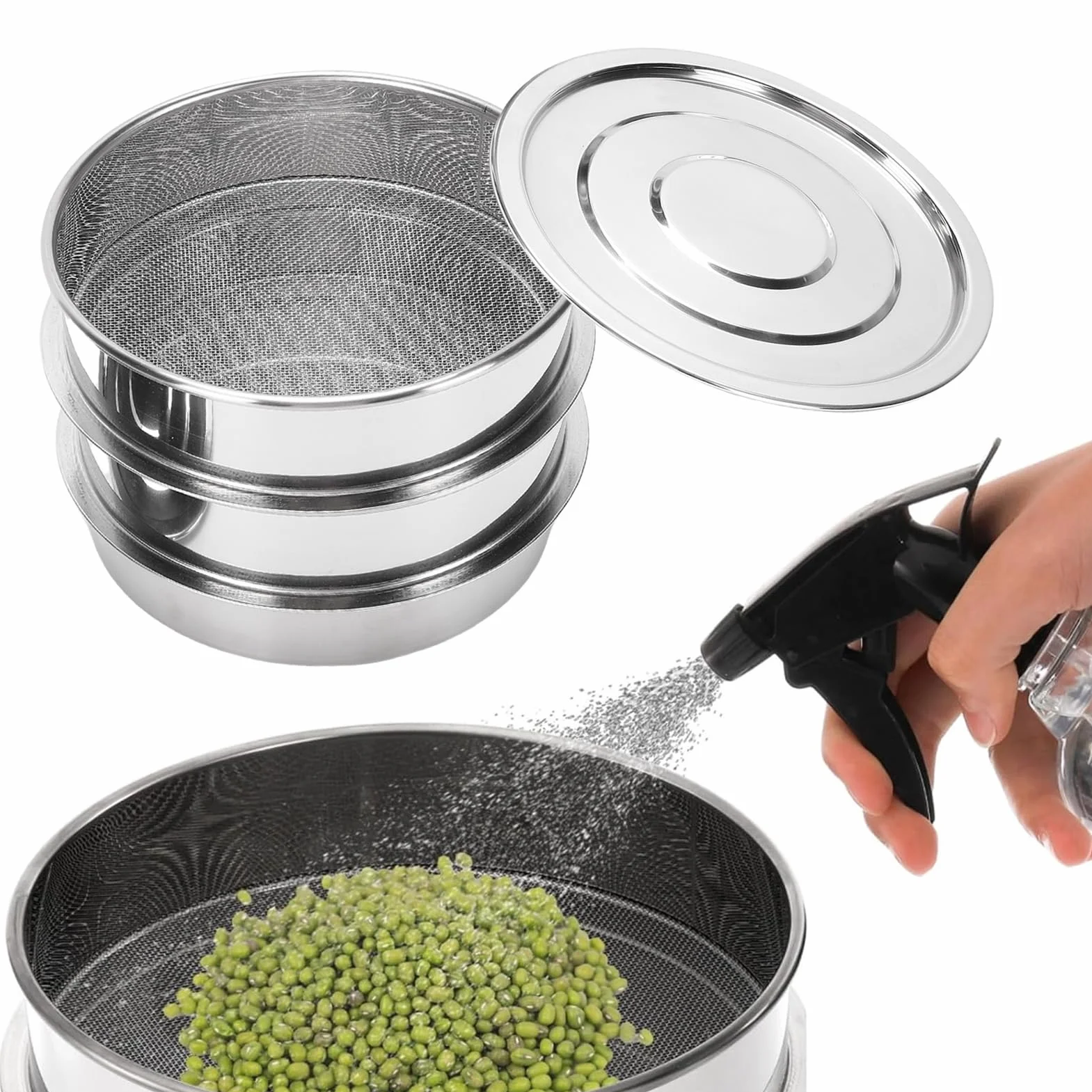 Edelstahl-Sprossenschalen-Set, 6,7 Zoll, Stapelbar, Sprossenzüchter, Netzkeimschale, Keimschale mit Drainagelöchern für Bohnen, Erbsen, Brokkoli, Weizen, Gras, Mikrogrün (4 Etagen)