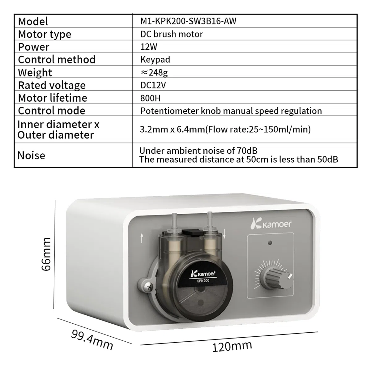 Kamoer M1-KPK200 Kleine Schlauchpumpe, 12 V mit niedrigem Durchfluss, 25–150 ml/min, einstellbare Geschwindigkeit, Flüssigkeitsdosierpumpe für Labor, Fabrik, Zuhause, mit Netzadapter