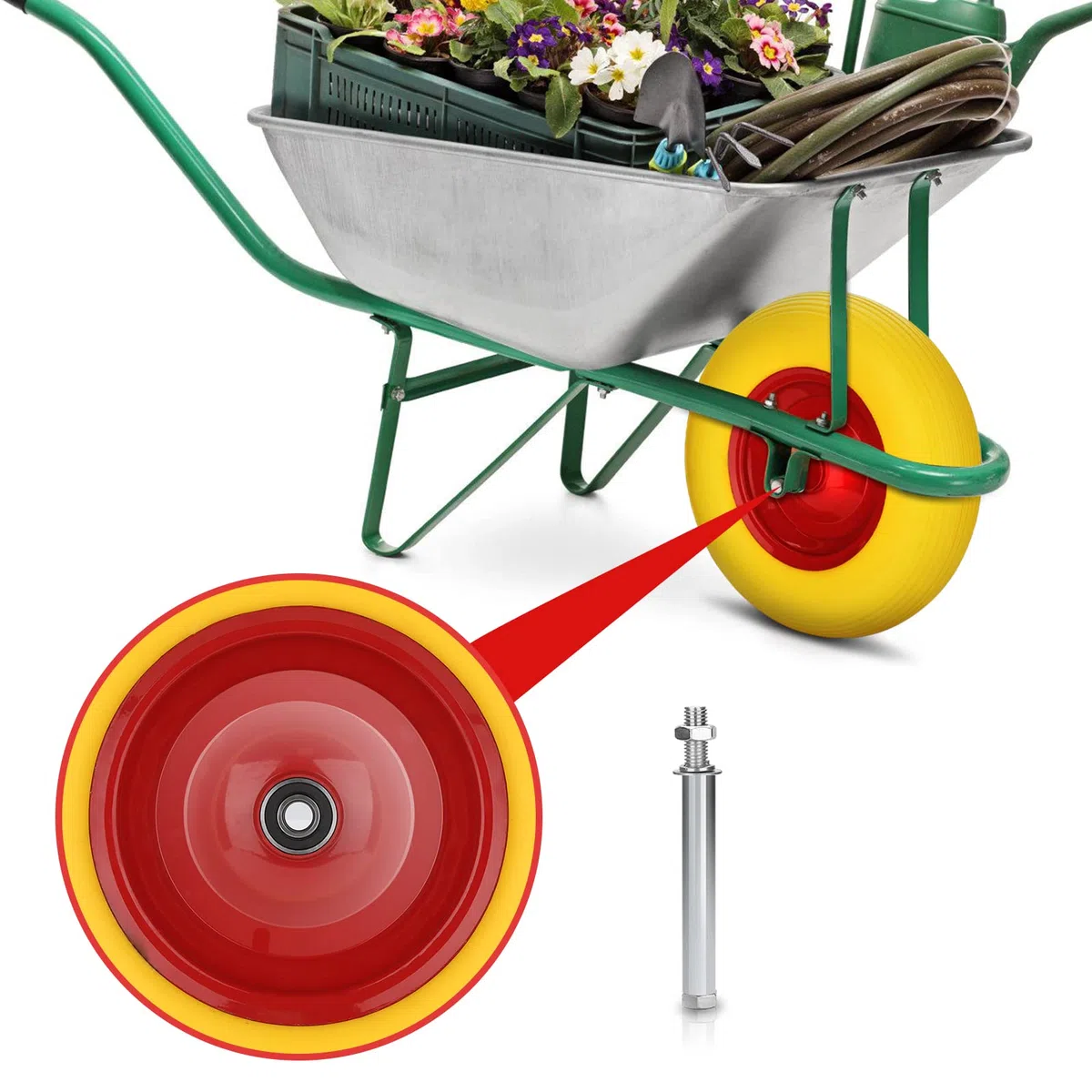 2x Schubkarrenrad Vollgummi mit Achse 4.80 4.00-8 Ø 390mm Gummirad, pannensicher, Stahlfelge PU Reifen gelb, für Gartenkarren