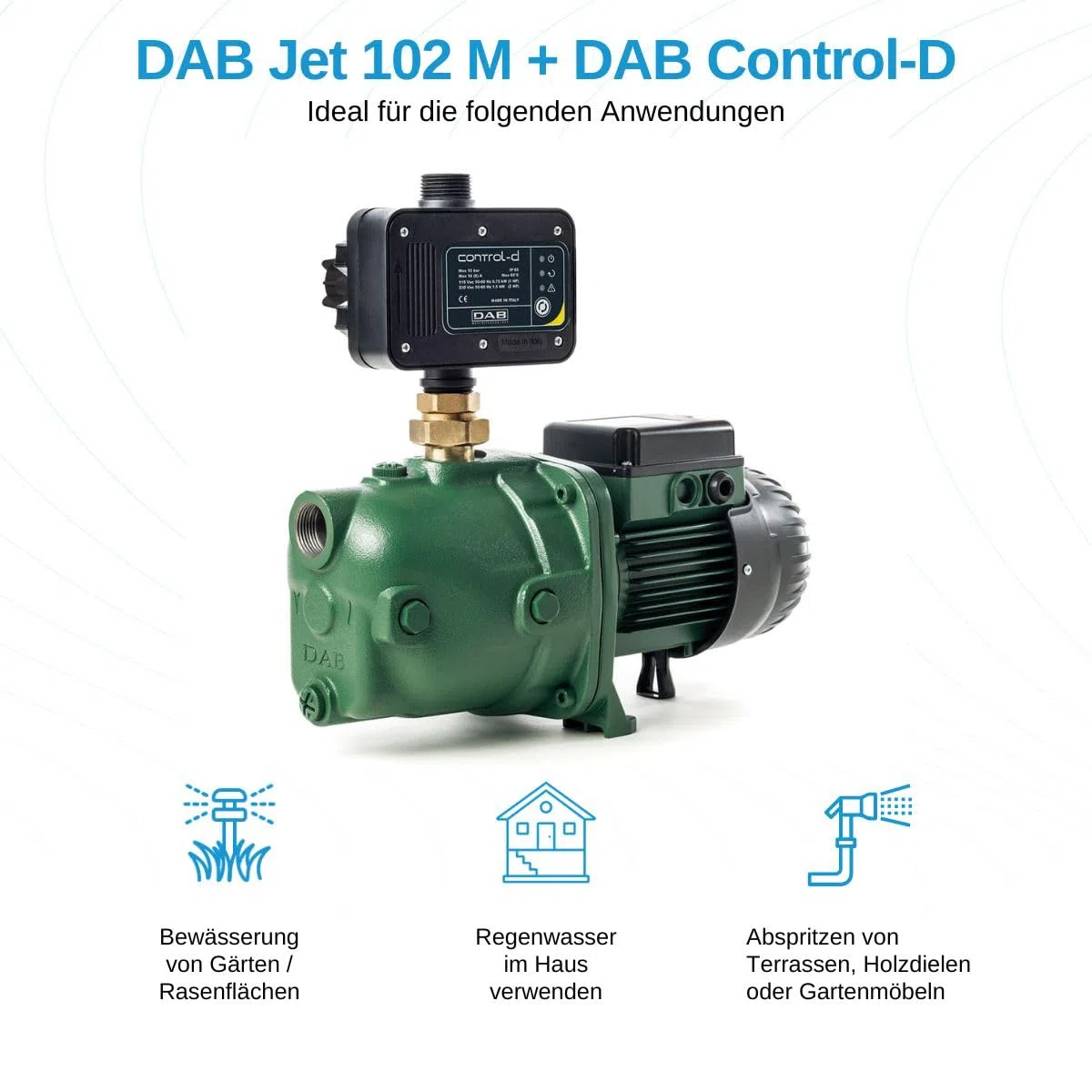 DAB Jet 102 M + DAB Control-D Hauswasserautomat - 3.600 L/Std. - 1130W - Förderhöhe 54 m - Automatische Ein- / Ausschaltung - Bewässerungspumpe