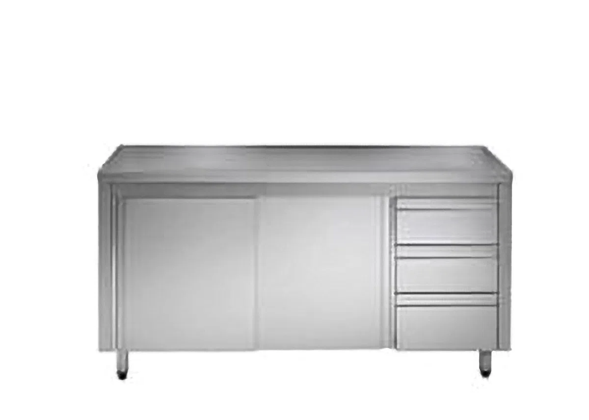 GastroHero Arbeitsschrank 120x70 cm, Edelstahl ASS3SR-ECO12X7 | 3 Schubladen, Schiebetüren, Zwischenboden, AISI 430, höhenverstellbare Füße, Profi Küchenmöbel für Gastronomie